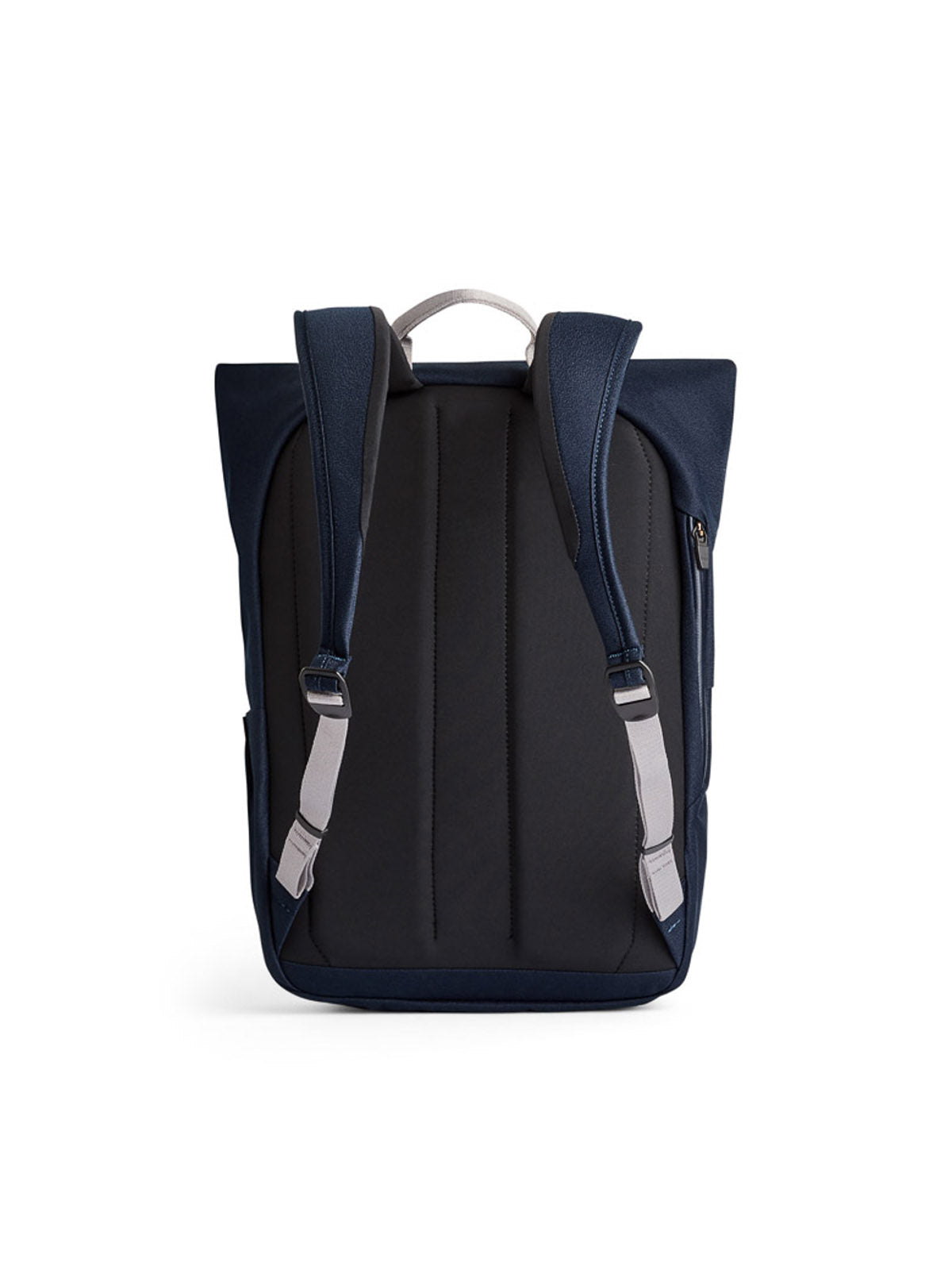 The Bellroy Melbourne Backpack - 18L is shown from the back in navy blue with padded black shoulder straps, gray accents, a padded back panel, and a gray top handle. The slim minimalist pack is set against a plain white background.