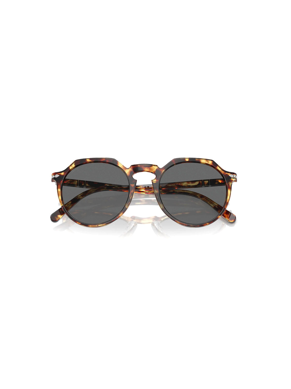 The Persol - PO3281 sunglasses feature a round tortoiseshell acetate frame with dark crystal lenses and a keyhole bridge, embodying Persols vintage style, showcased on a white background.