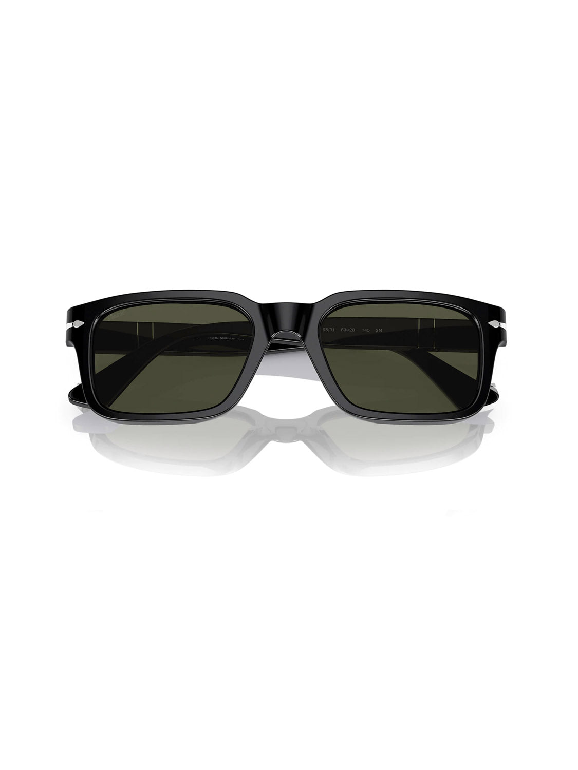 A pair of black, rectangular sunglasses with dark lenses sits on a white reflective surface, showcasing a front view. The Persol PO3272, featuring the innovative Meflecto system for flexible comfort, offers both style and functionality.