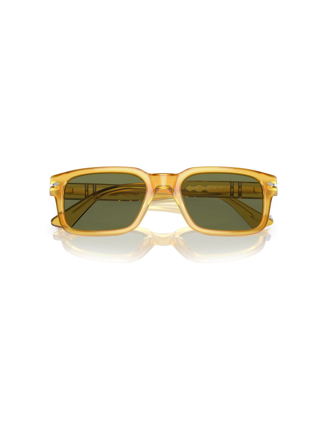 The Persol - PO3272 sunglasses feature a rectangular D-frame silhouette with a yellow frame and green-tinted lenses against a white background, exuding a sleek and modern vibe.