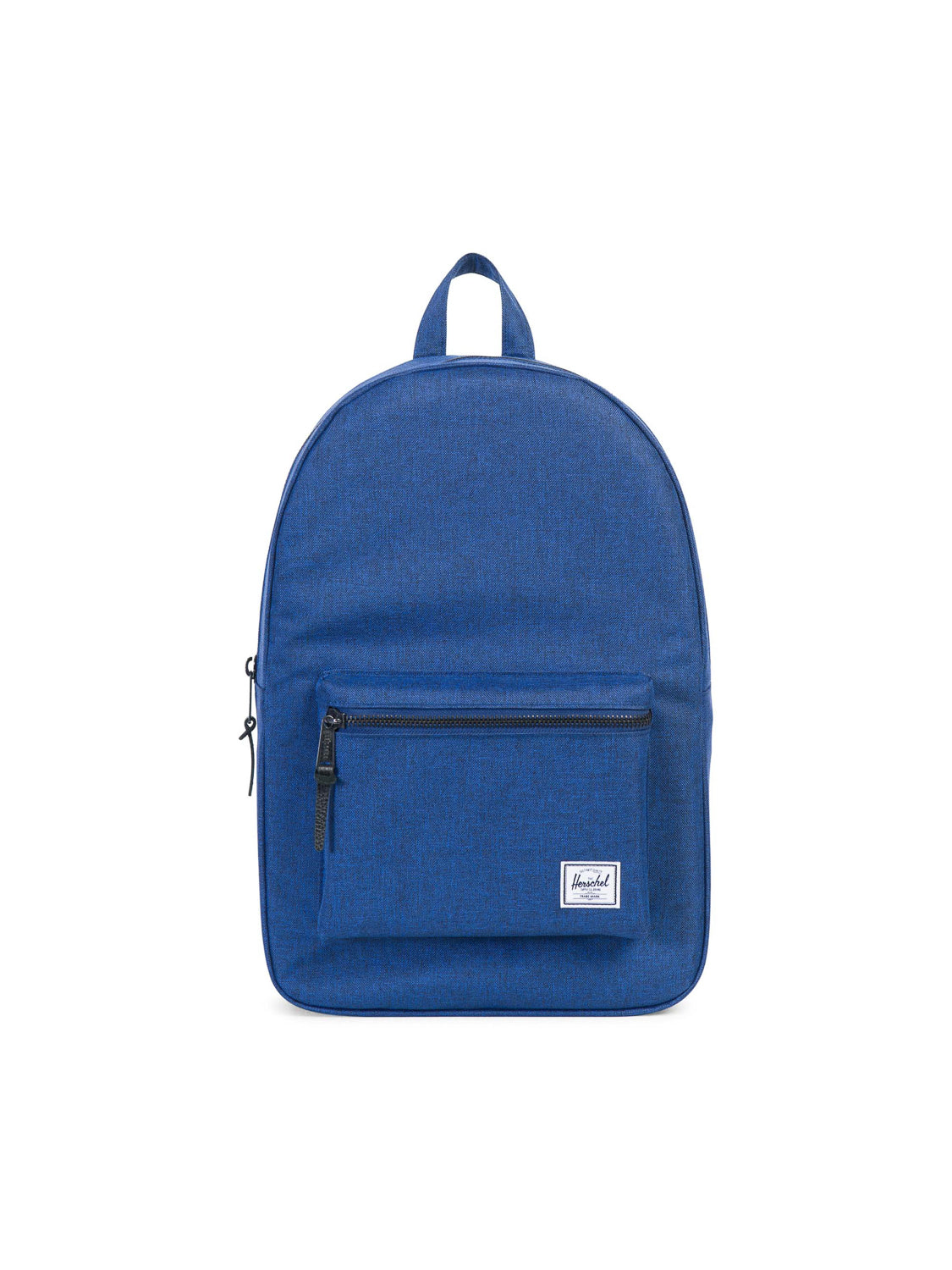 The Herschel Settlement Backpack is a stylish blue bag featuring a front zippered pocket, a small top handle, a white rectangular logo patch, and a dedicated laptop sleeve, shown against a plain white background.
