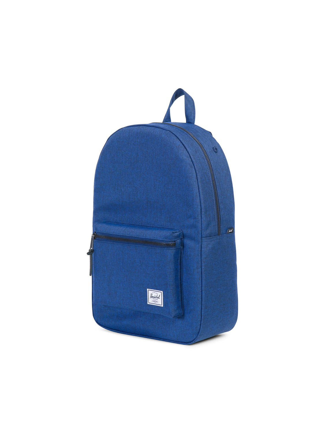 The Herschel Settlement Backpack is a stylish blue bag with a front zipper pocket, top handle, visible fabric brand label, and dedicated laptop sleeve, shown against a white background.