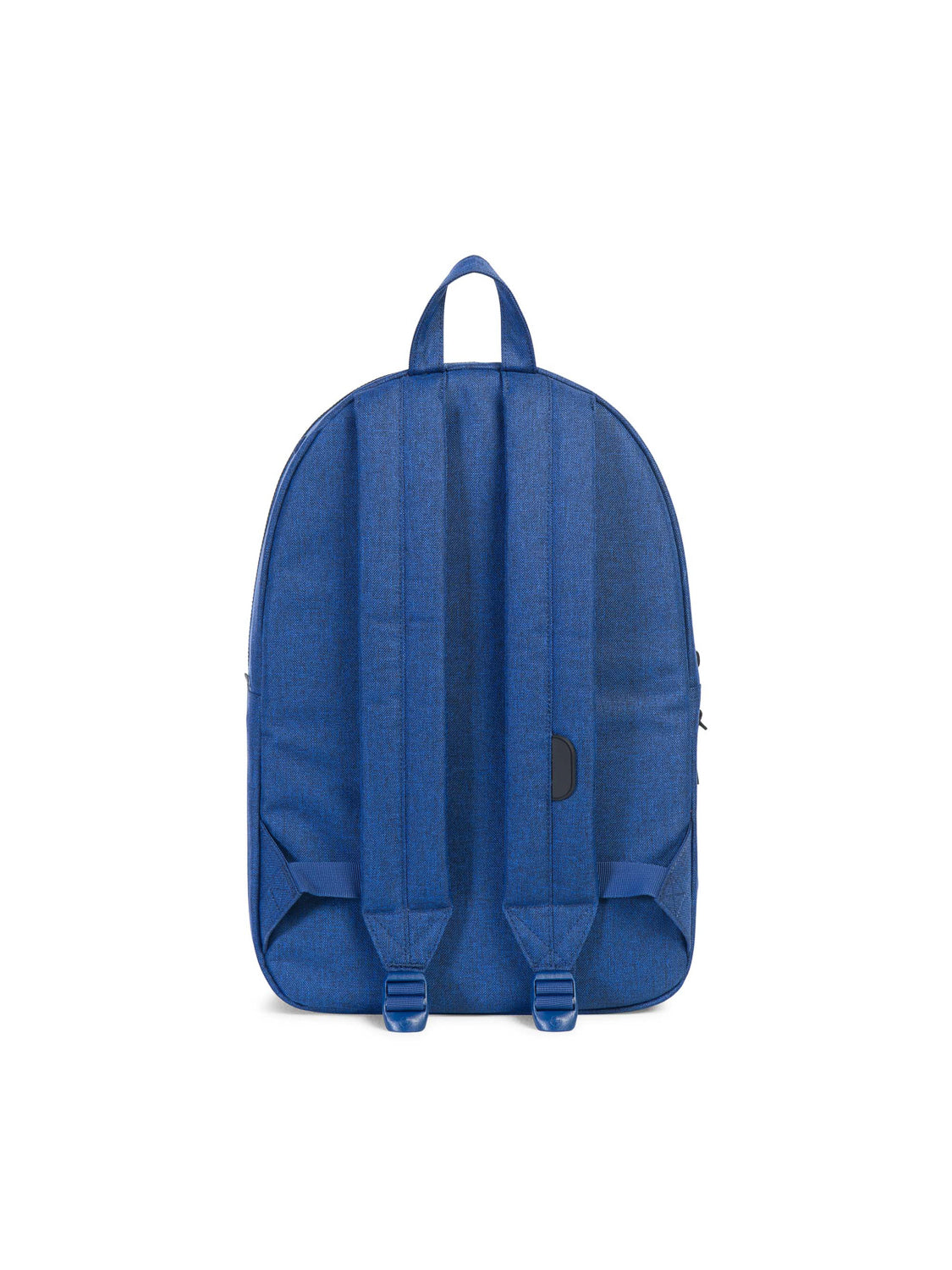 The Herschel Settlement Backpack in blue is shown from the back against a plain white background, featuring two adjustable shoulder straps, a top handle, a circular side port, and a dedicated laptop sleeve.