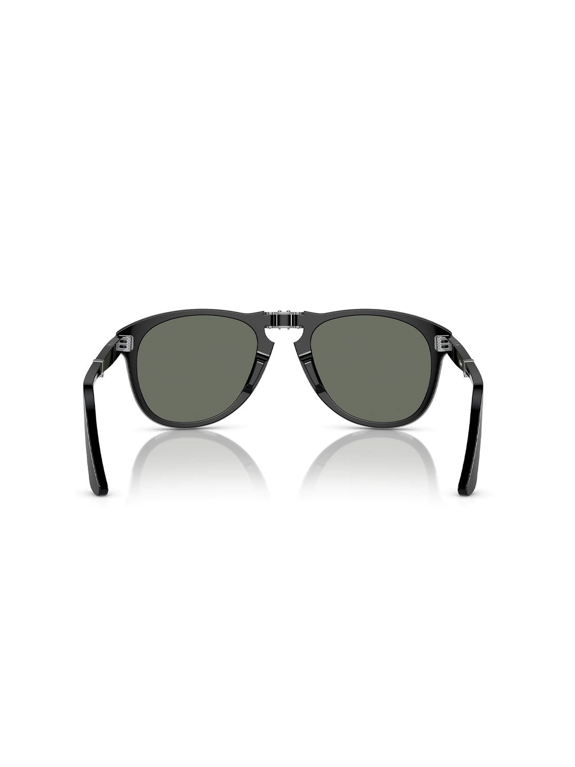 The Persol - PO714 sunglasses have black Acetate Frames, dark green Crystal Polarized Lenses, and a classic round shape with thin arms. The sleek design is enhanced by a reflective finish against the white background.