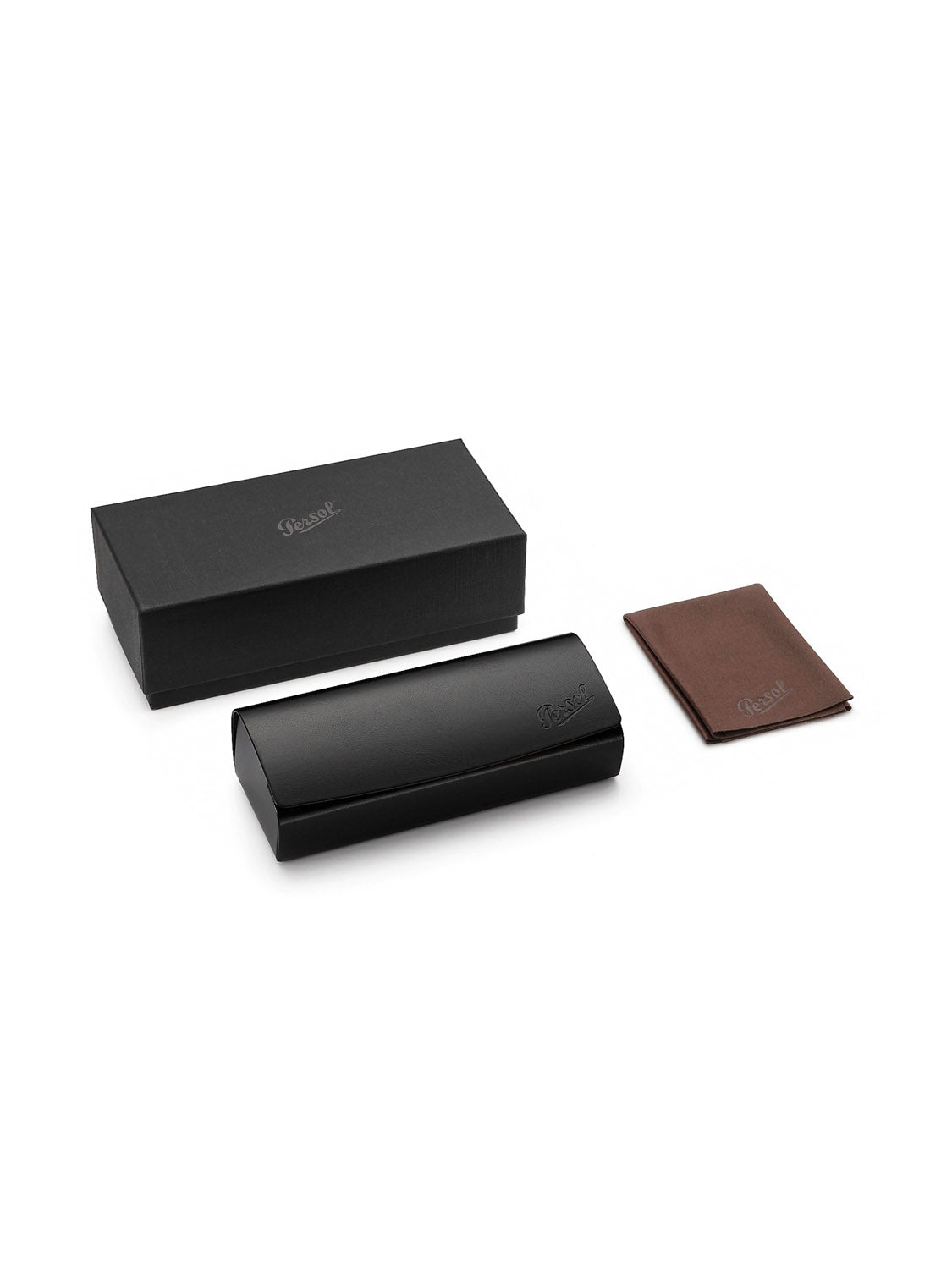 The Persol - PO3019 set, including a black rectangular box and matching case with embossed logos, is displayed next to a brown cardholder on a white background. This ensemble showcases a square-shaped style that is both modern and sophisticated.