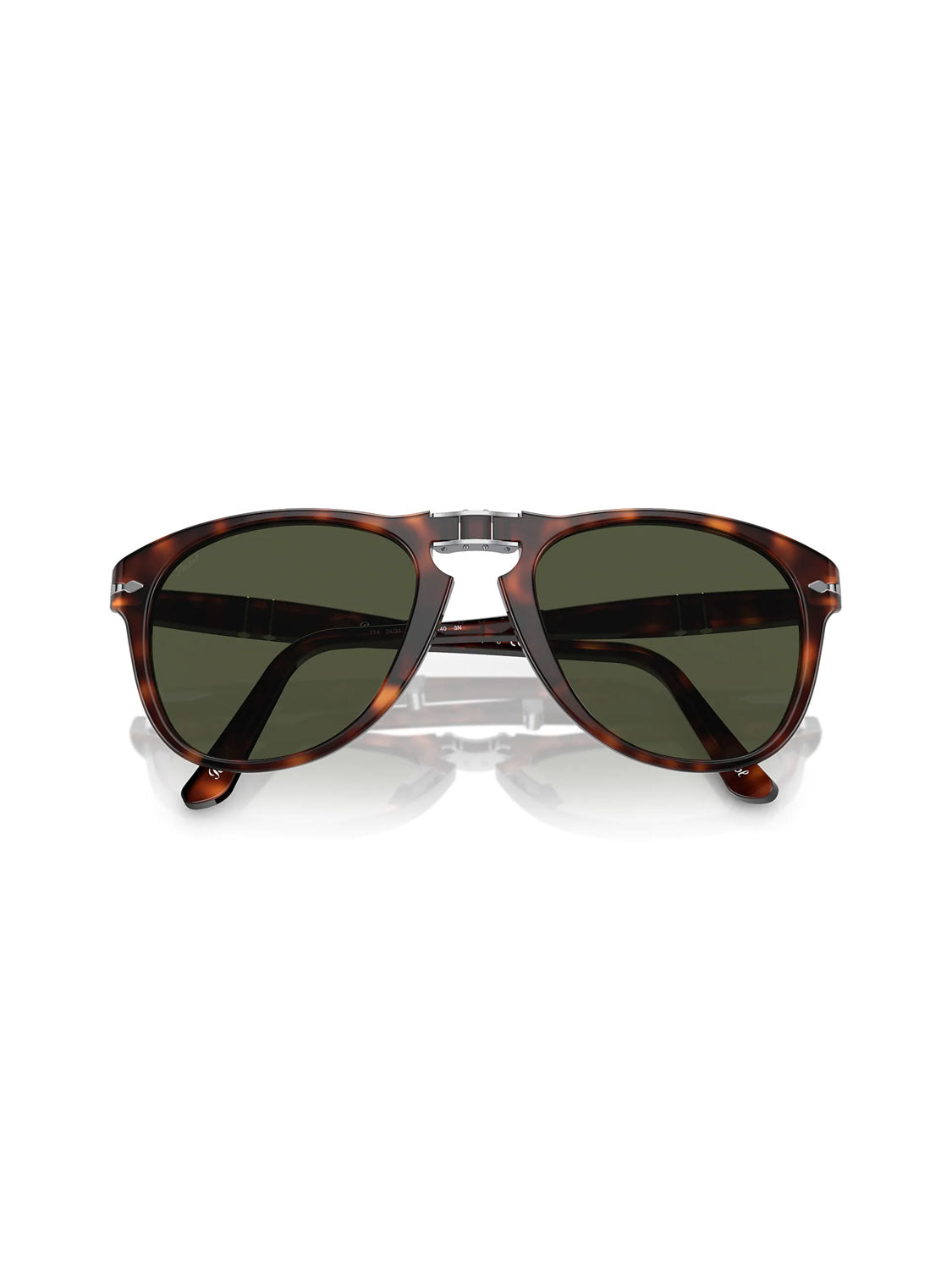 Persol - PO714 tortoiseshell sunglasses feature a classic design with dark crystal lenses and glossy acetate frames. Displayed front view with partially extended temples on a white background.