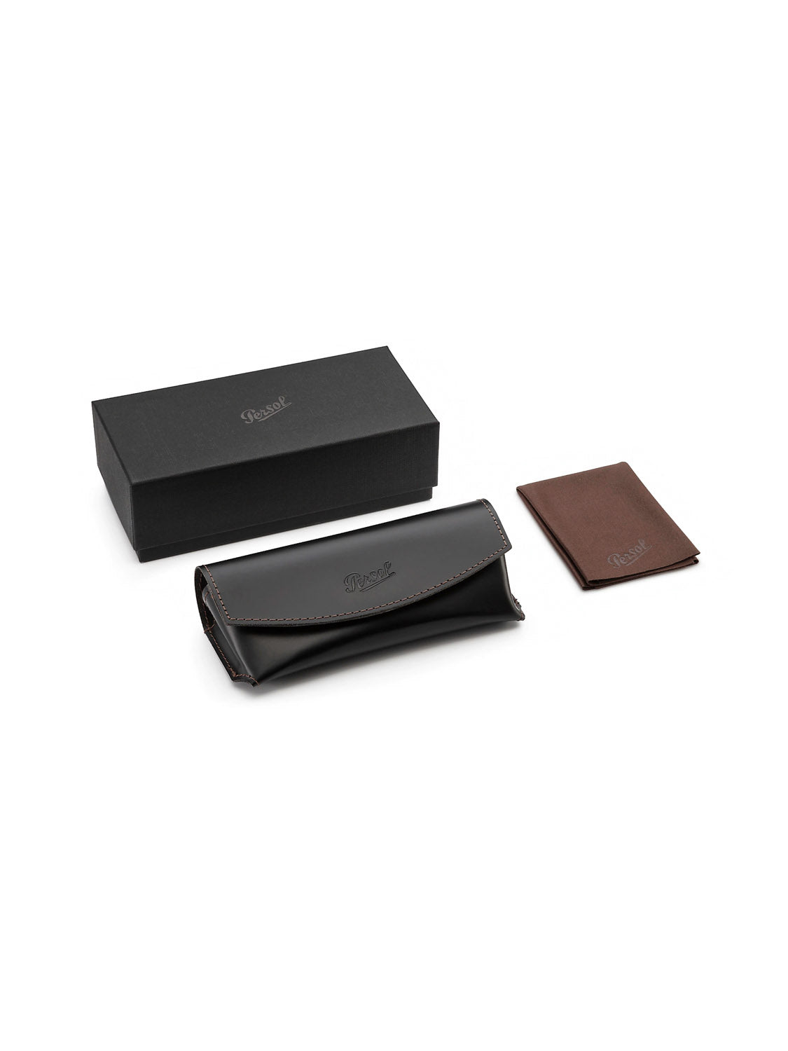 A black rectangular box, a black leather glasses case, and a small brown cloth are arranged against a white background. The glasses case prominently features the Persol - PO3272 logo, showcasing its sophisticated style and D-frame silhouette.