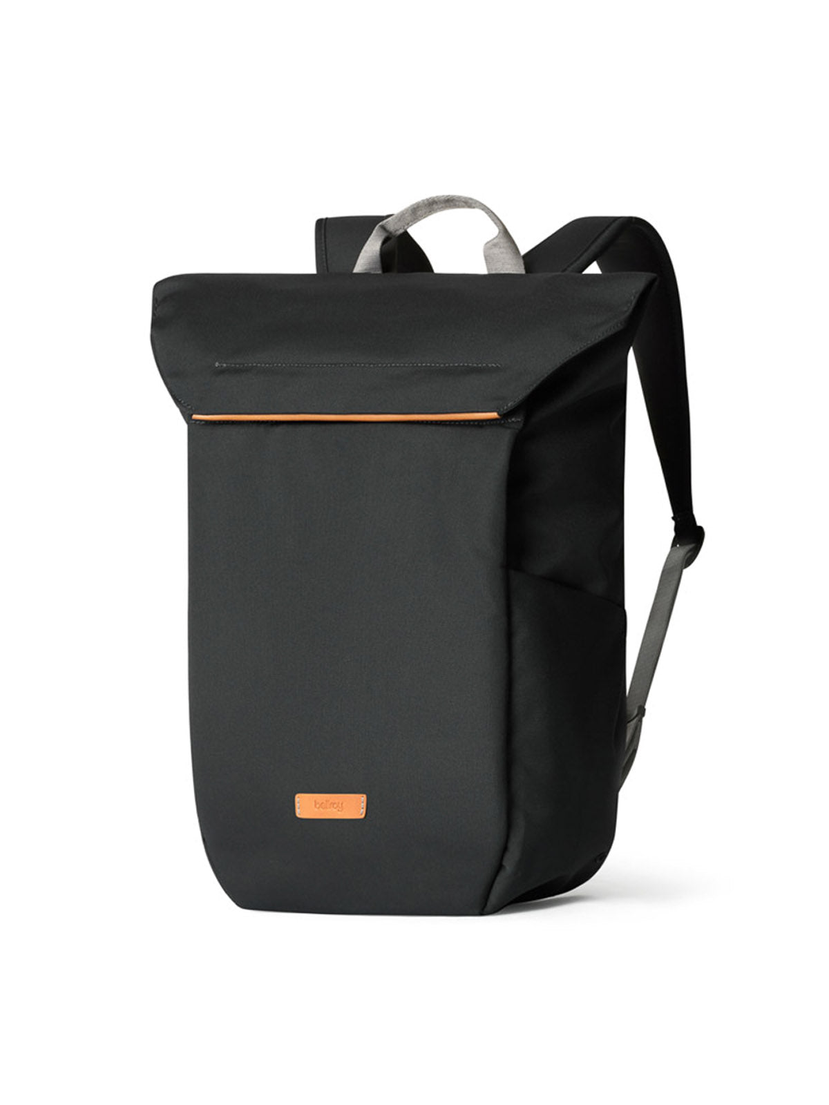The Bellroy Melbourne Backpack - 18L is a sleek black urban pack featuring a top flap closure, adjustable shoulder straps, a small tan logo patch on the front, and a modern minimalist design.