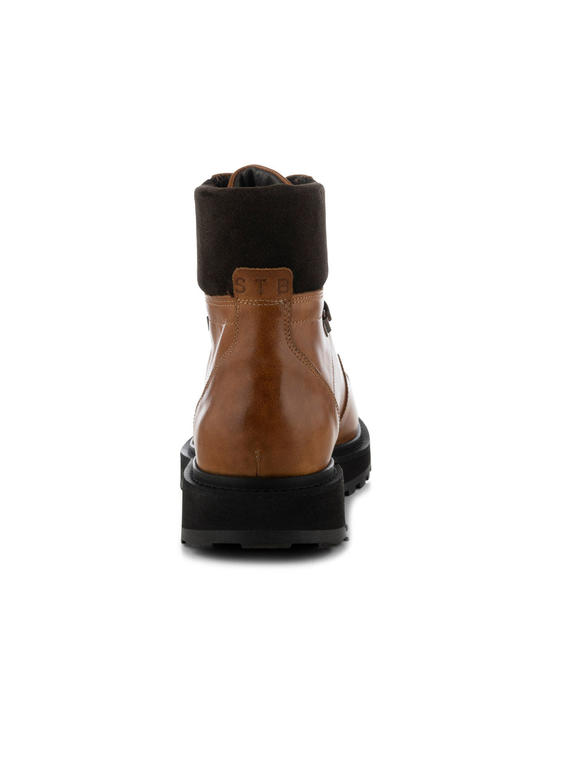 The Kite Hiker Warm Hiking Inspired Boot by Shoe The Bear features a brown rear view with a black padded collar and rugged sole against a white background. Its crafted from LWG-waxed leather with subtle embossed text near the top.