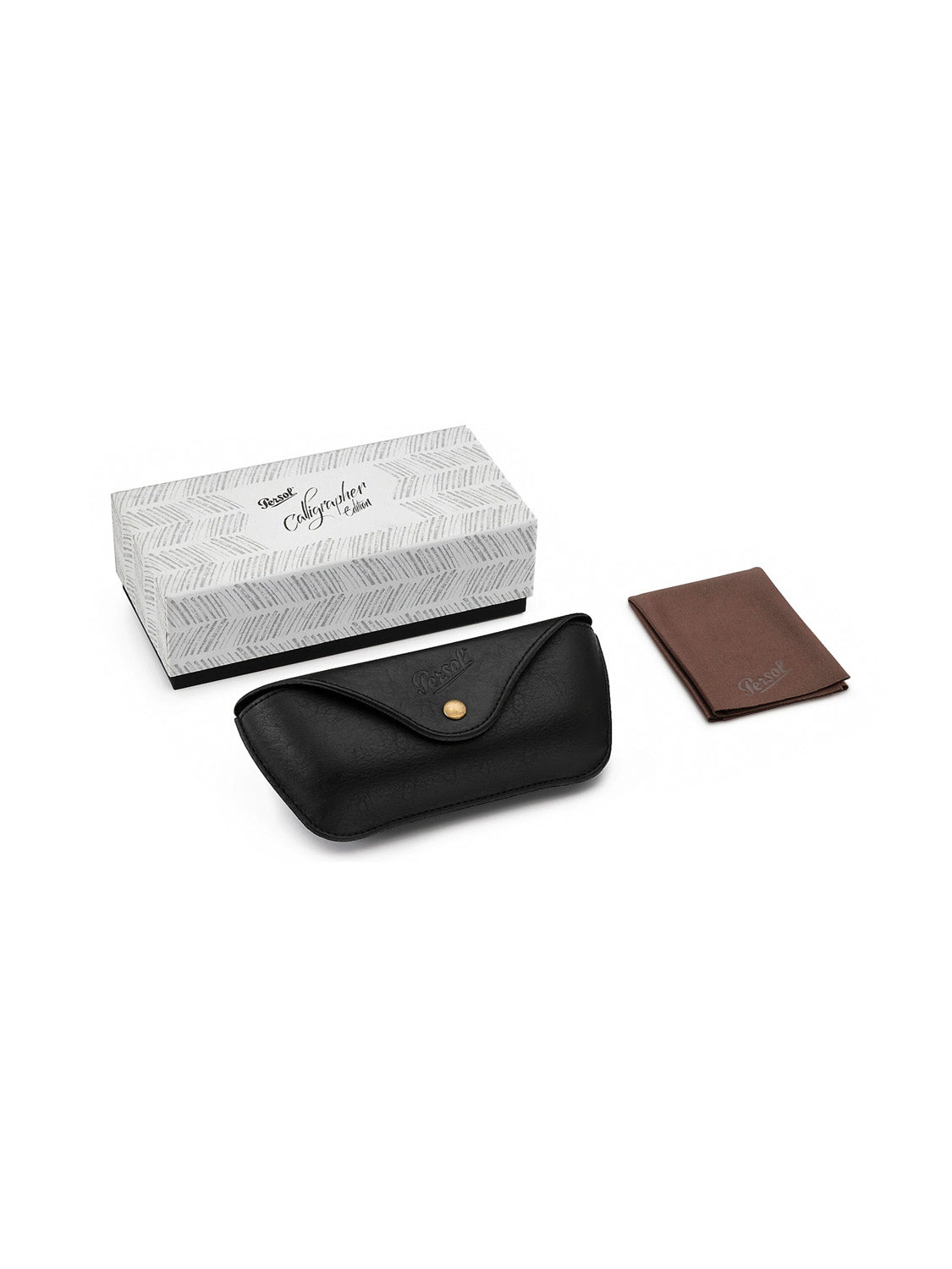 The Persol - PO3186 features a black leather case with a button closure, a brown leather cardholder, and a white box adorned with a zigzag design and black cursive text—ideal for protecting your Persol sunglasses—all set on a plain white background.