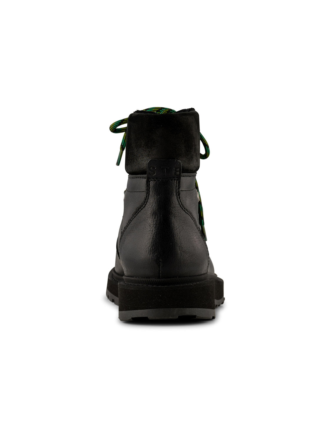 The Kite Hiker Warm Boot by Shoe The Bear is captured from the rear, showcasing its hiking style in black LWG-waxed leather with green-accented laces, a thick sole, and a back pull tab, set against a white backdrop.