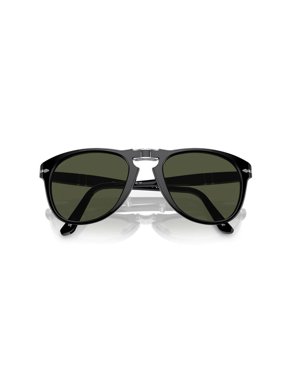 The Persol - PO714 sunglasses, featuring a stylish black acetate frame with dark green crystal lenses and sleek, slightly curved temples, are showcased against a plain white background.