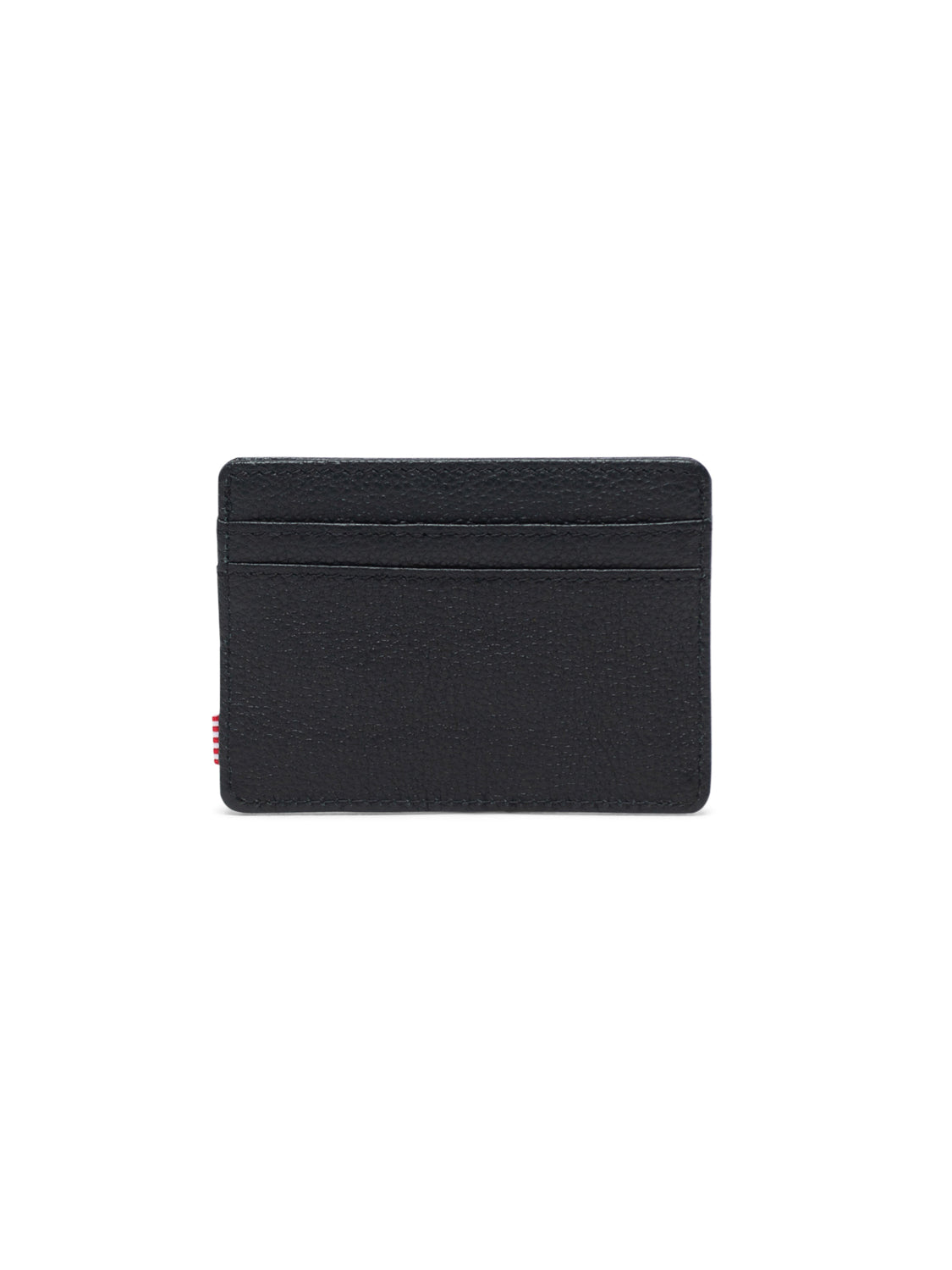 The Herschel Charlie Leather Card Holder Wallet is a sleek black wallet with two horizontal card slots on one side, shown against a white background.