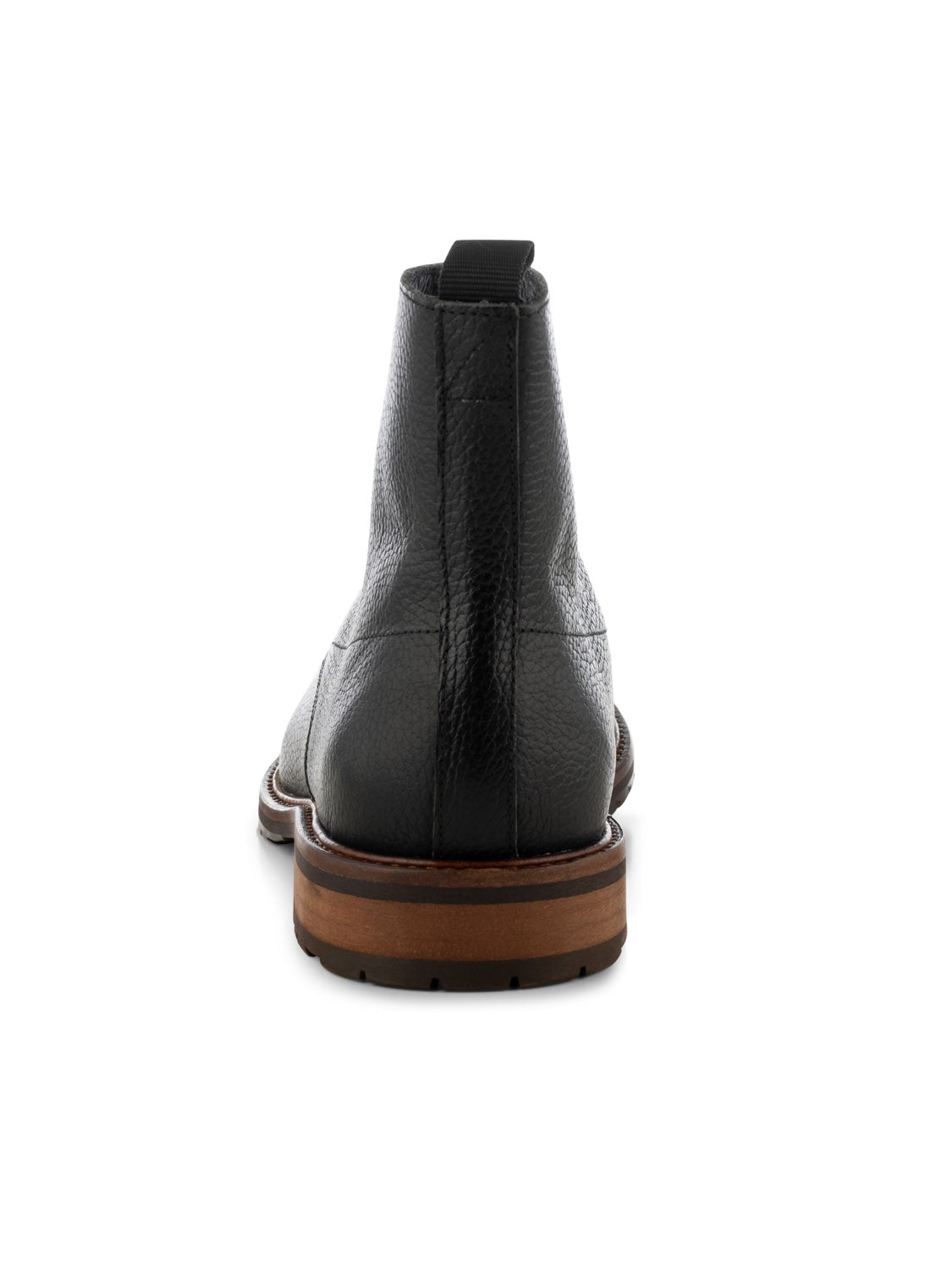 A rear view of a black York Lace Up Leather Boot by Shoe The Bear highlights its textured finish, brown sole, and black pull-tab. Handcrafted in Portugal, this minimalistic lace-up boot is elegantly centered against a white background.