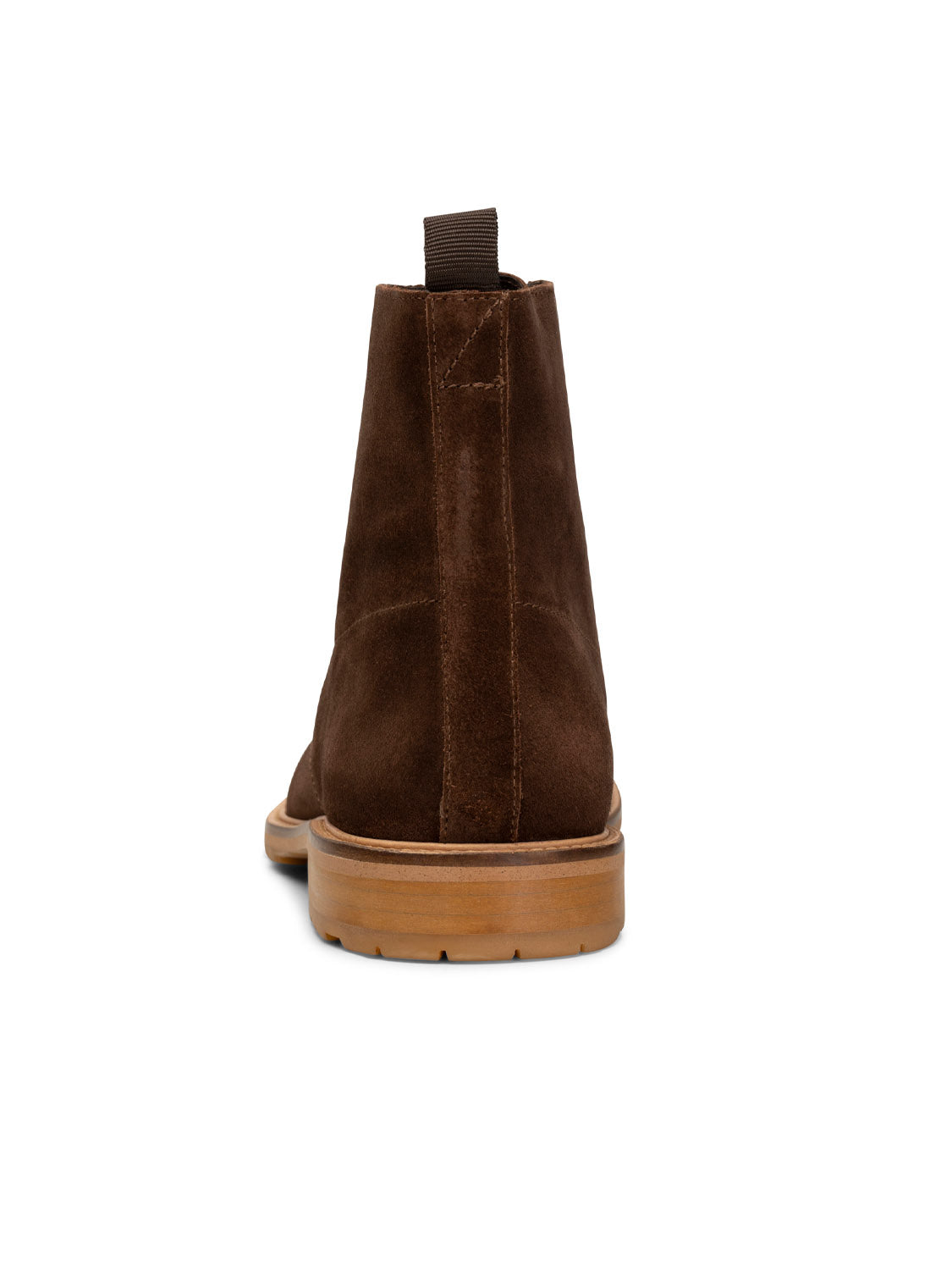 The York Suede Lace Up Boot by Shoe The Bear is a handcrafted brown suede ankle boot from Portugal, featuring a light brown sole and back view, enhanced with a pull-tab and slightly textured heel for added charm.