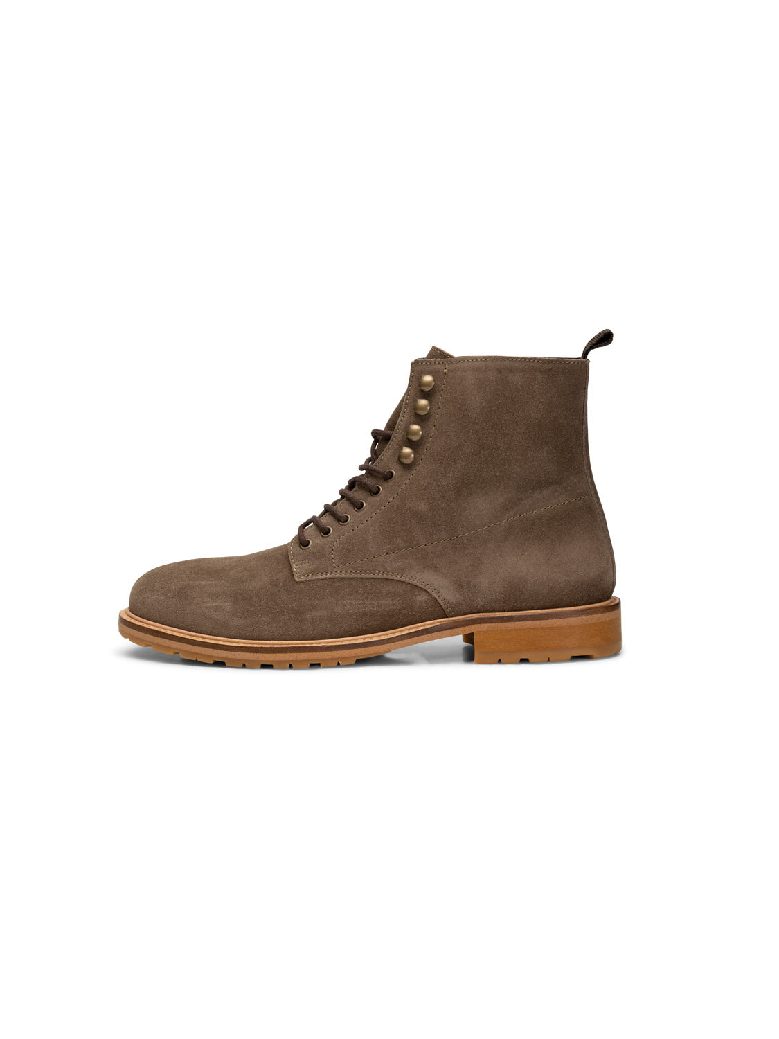 The York Suede Lace Up Boot by Shoe The Bear is a taupe suede, handcrafted boot from Portugal. It has a light brown sole, rounded toe, metal eyelets and hooks, low heel, and rear pull tab. Photographed on a white background.