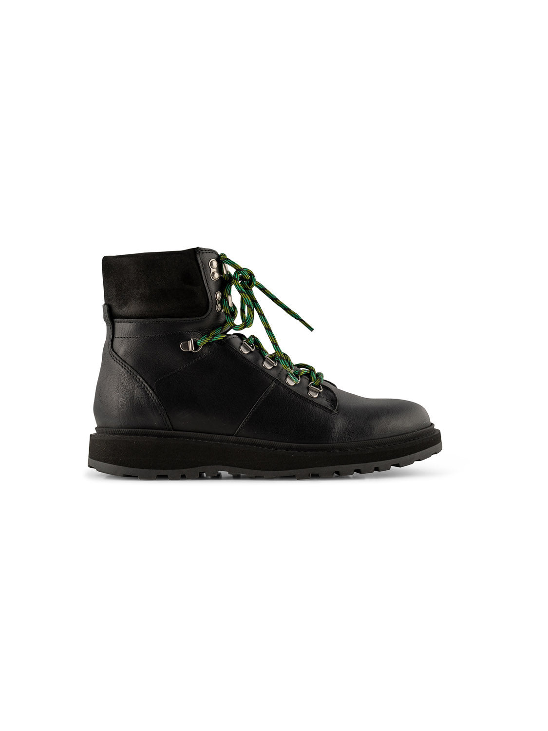 A side profile of the Shoe The Bear Kite Hiker Warm, a single black leather boot featuring a suede ankle collar, green laces, and rugged tread; showcased against a plain white background.