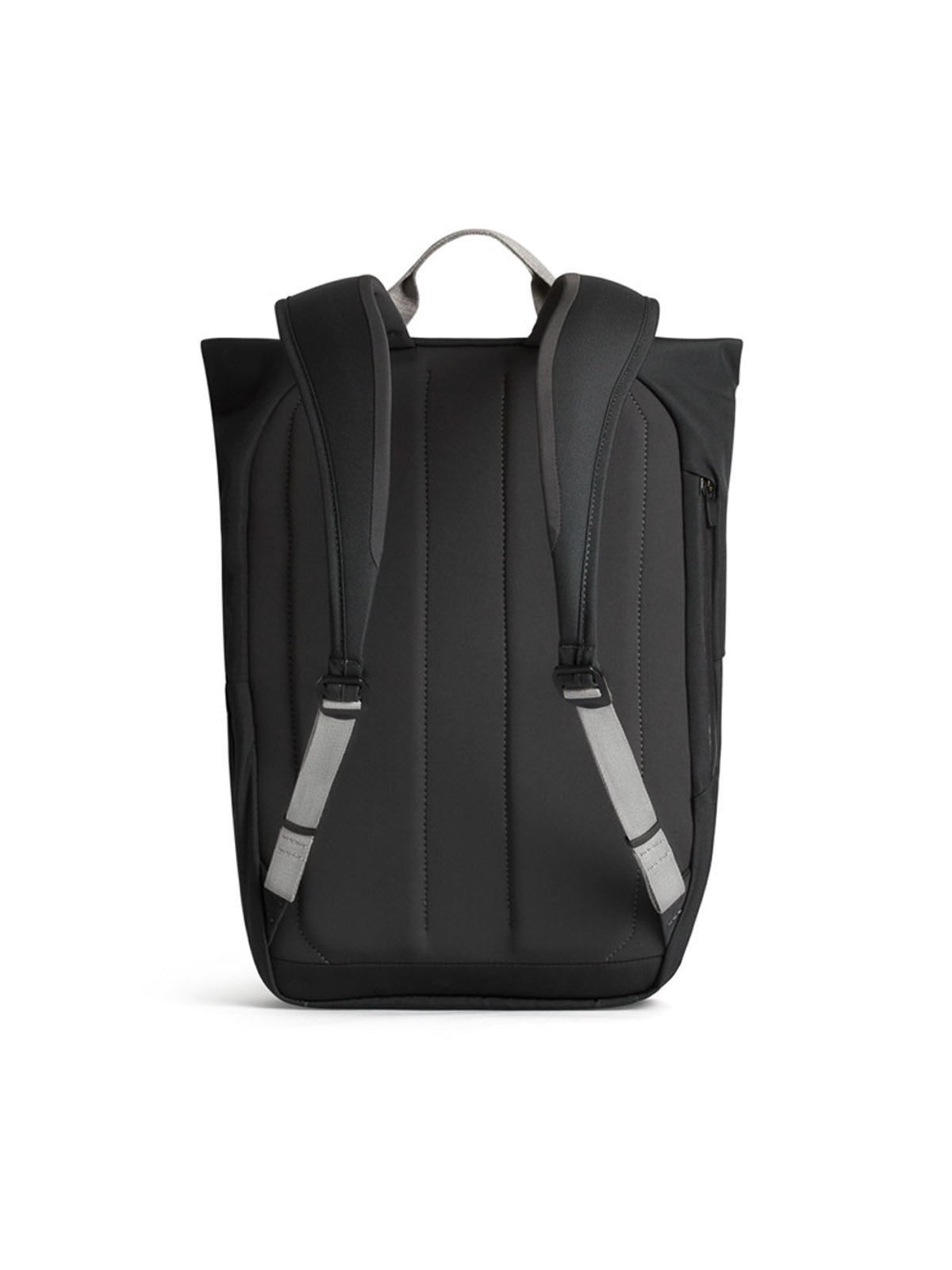 The Bellroy Melbourne Backpack - 18L is shown from the back, with padded shoulder straps featuring gray accents and a small gray top handle, set against a white background.
