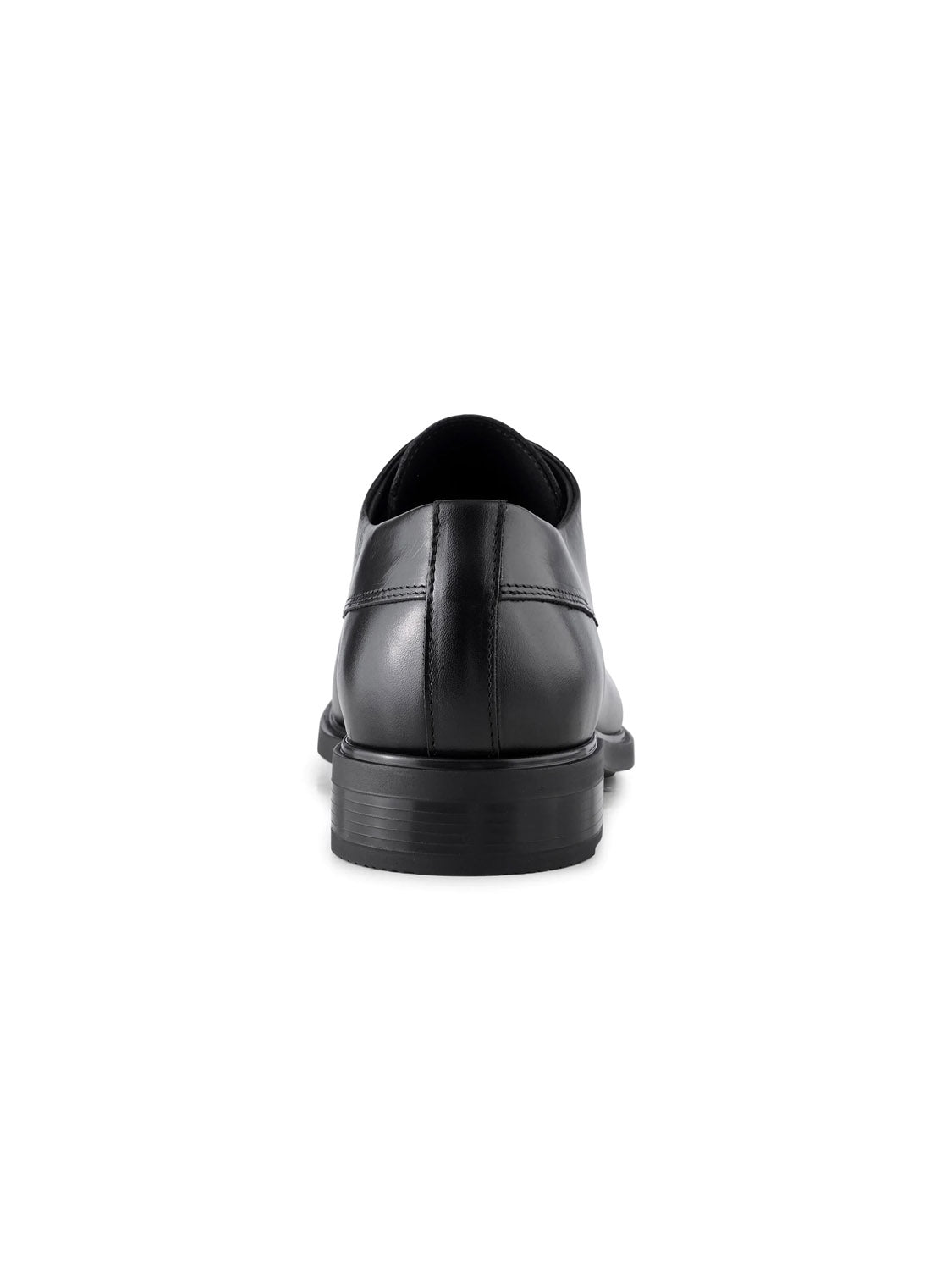 The Linea derby by Shoe The Bear is a glossy black leather dress shoe made from LWG-certified material. It has a low heel, visible stitching along the back seam, and stands strikingly against a white background.
