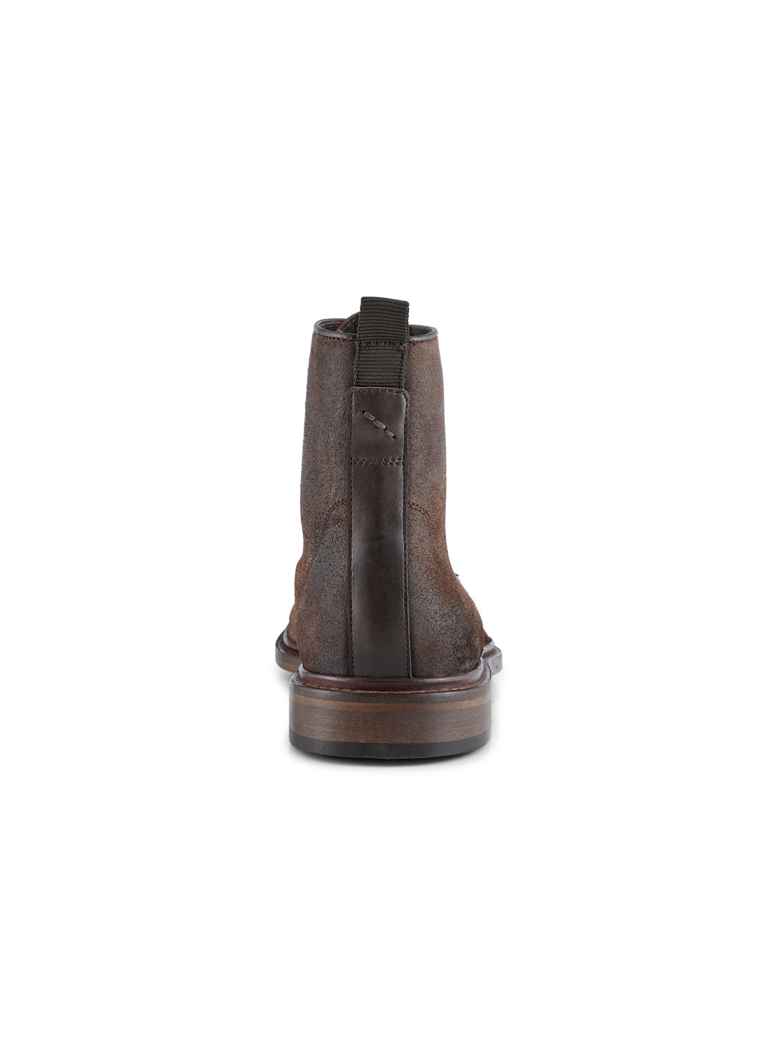 Rear view of the Ned Suede Waxed Boot by Shoe The Bear, handmade in Portugal. The single brown leather boot has a dark brown pull tab and stands upright on a white background, highlighting its textured surface and wooden heel.