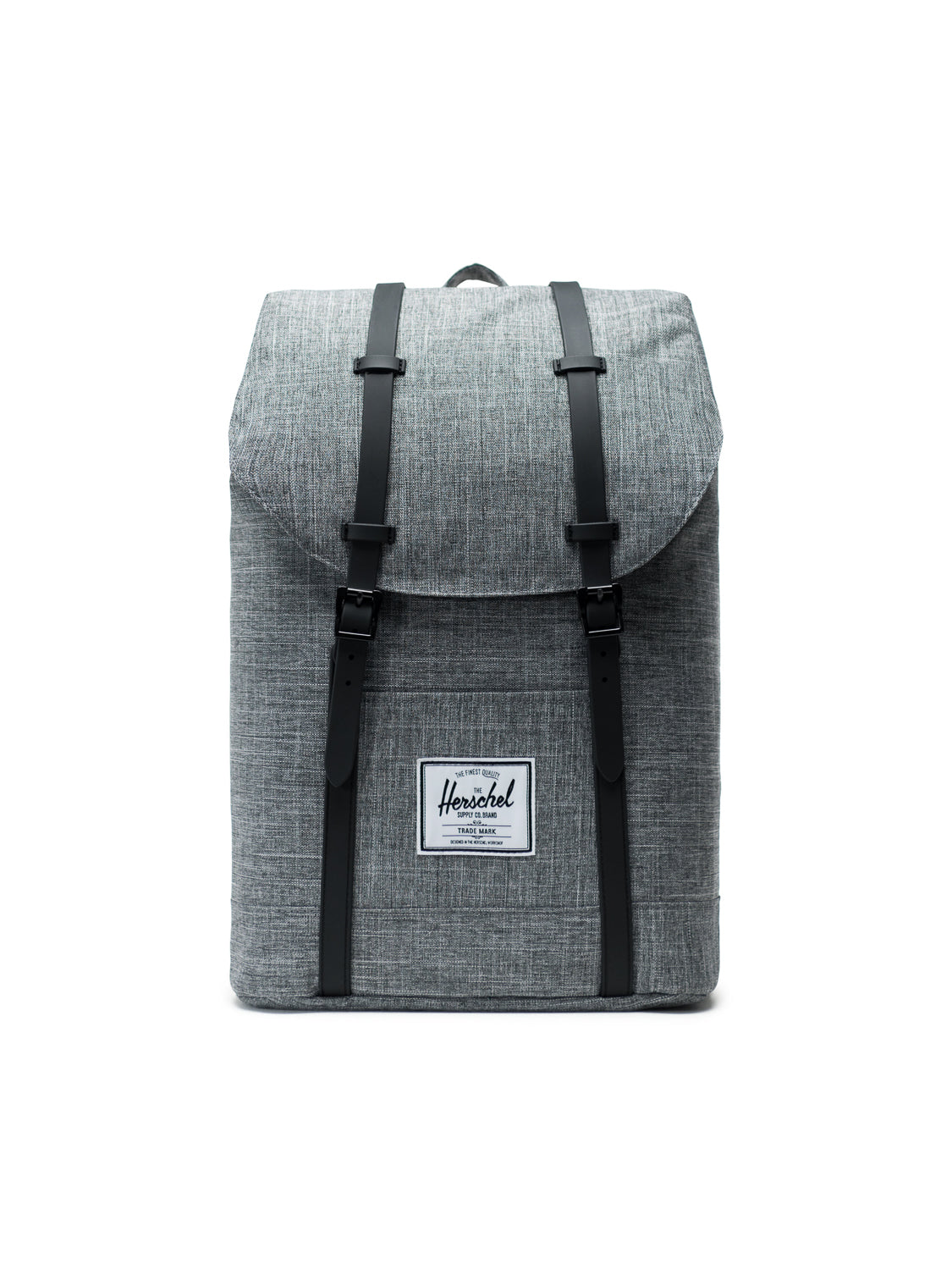 A Herschel Retreat Backpack in grey with black buckle straps, a white front label, and an internal laptop sleeve, shown against a plain white background.