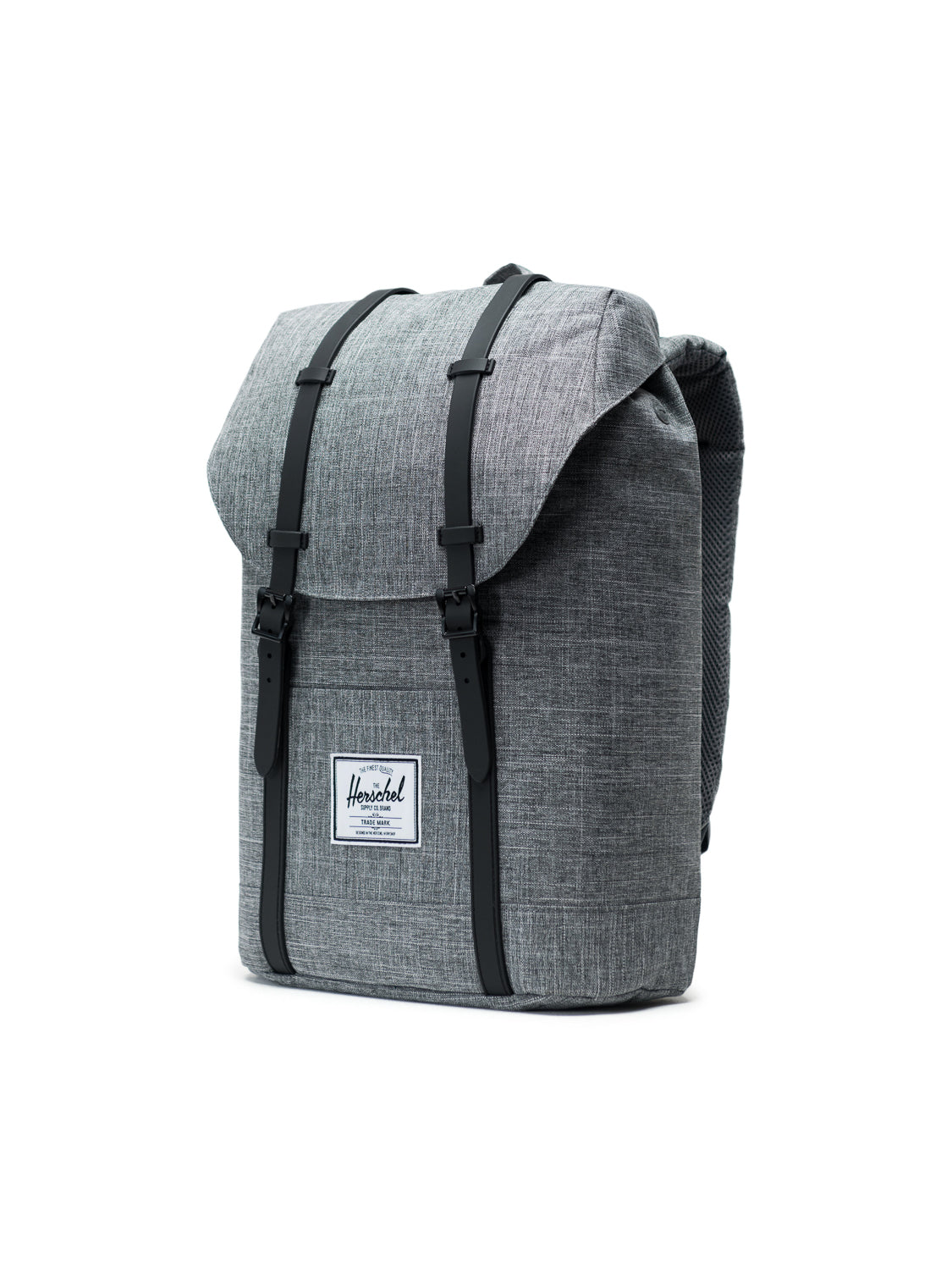 The Herschel Retreat Backpack in gray fabric, with black straps and buckles, features a front flap and white label on the front pocket. This laptop sleeve backpack is shown against a white background.