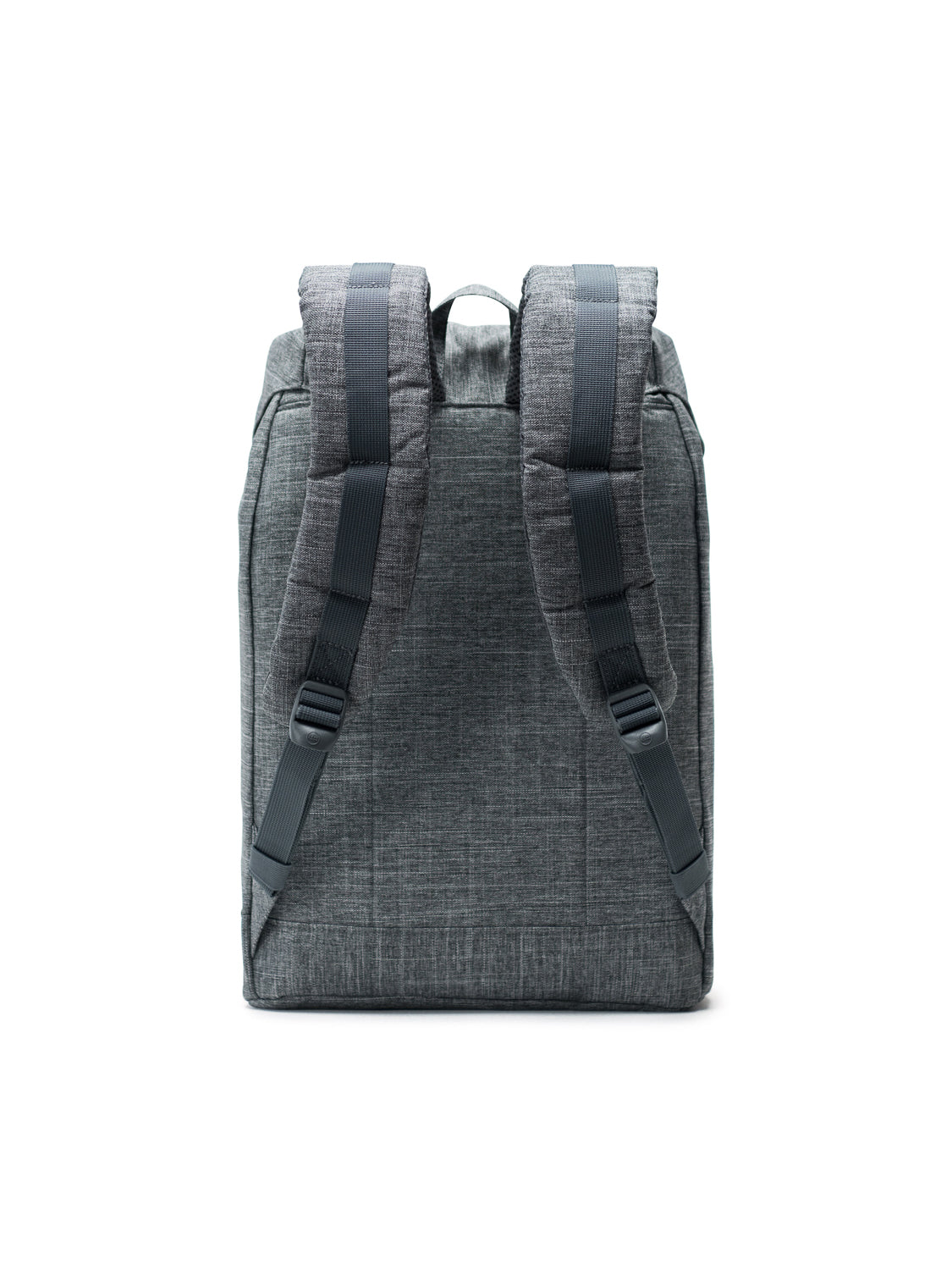 The Herschel Retreat Backpack, shown from the back against a white background, features gray fabric, padded shoulder straps, and a top handle.