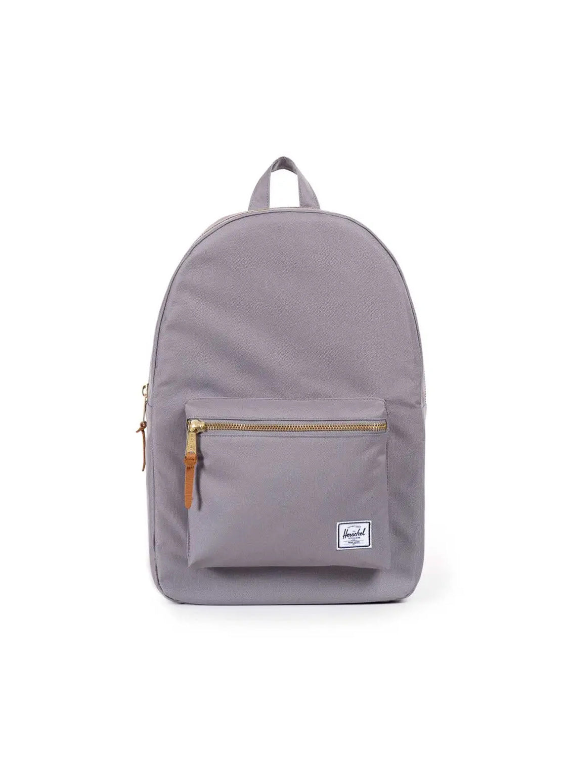 The Herschel Settlement Backpack is a stylish gray bag featuring a front zippered pocket, leather zipper pull, small logo patch, and internal laptop sleeve, shown against a white background.