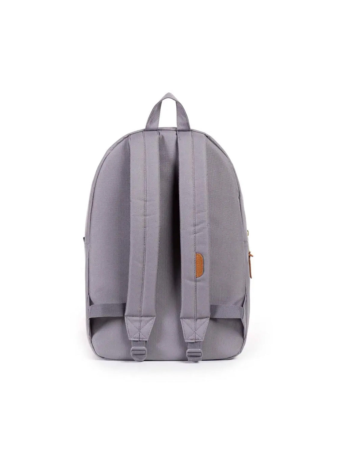 The Herschel Settlement Backpack is shown from the back in light gray, featuring two padded adjustable straps, a top handle, and a built-in laptop sleeve, all set against a white background.