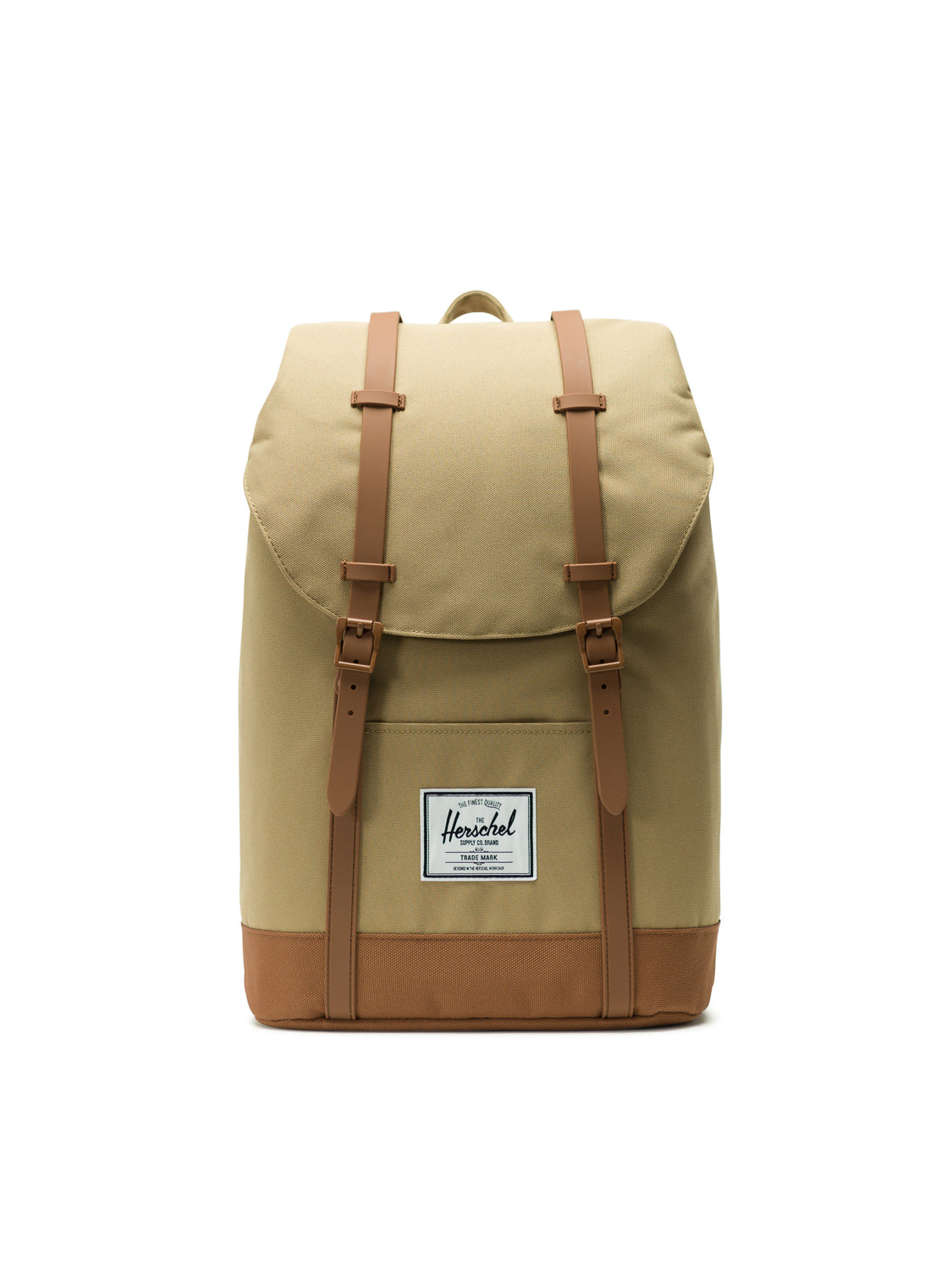 A tan and brown Herschel Retreat Backpack with leather straps, a front flap, and a white rectangular Herschel label on the front pocket, displayed against a plain white background.