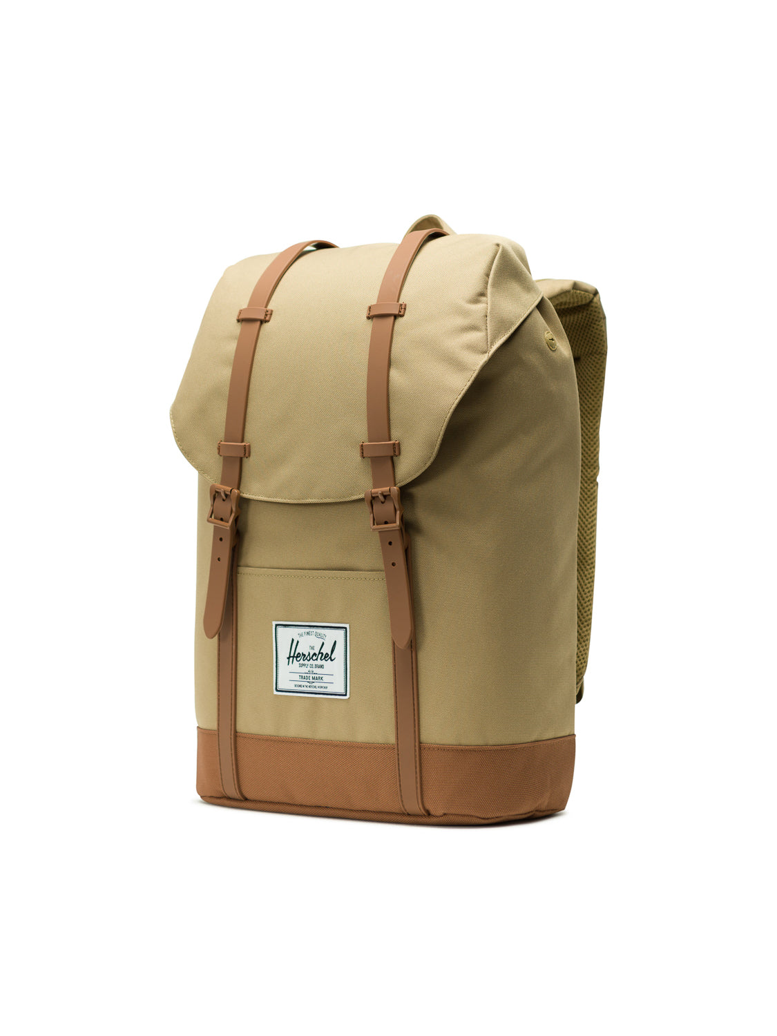 Tan and brown Herschel Retreat Backpack with leather strap accents, flap closure, padded shoulder straps, laptop sleeve, and front logo label, shown on a white background.