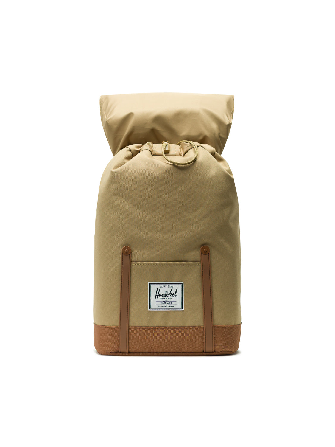 A tan and brown Herschel Retreat Backpack featuring a roll-top closure, brown leather-like accents at the base, and a front Herschel label, shown against a white background.