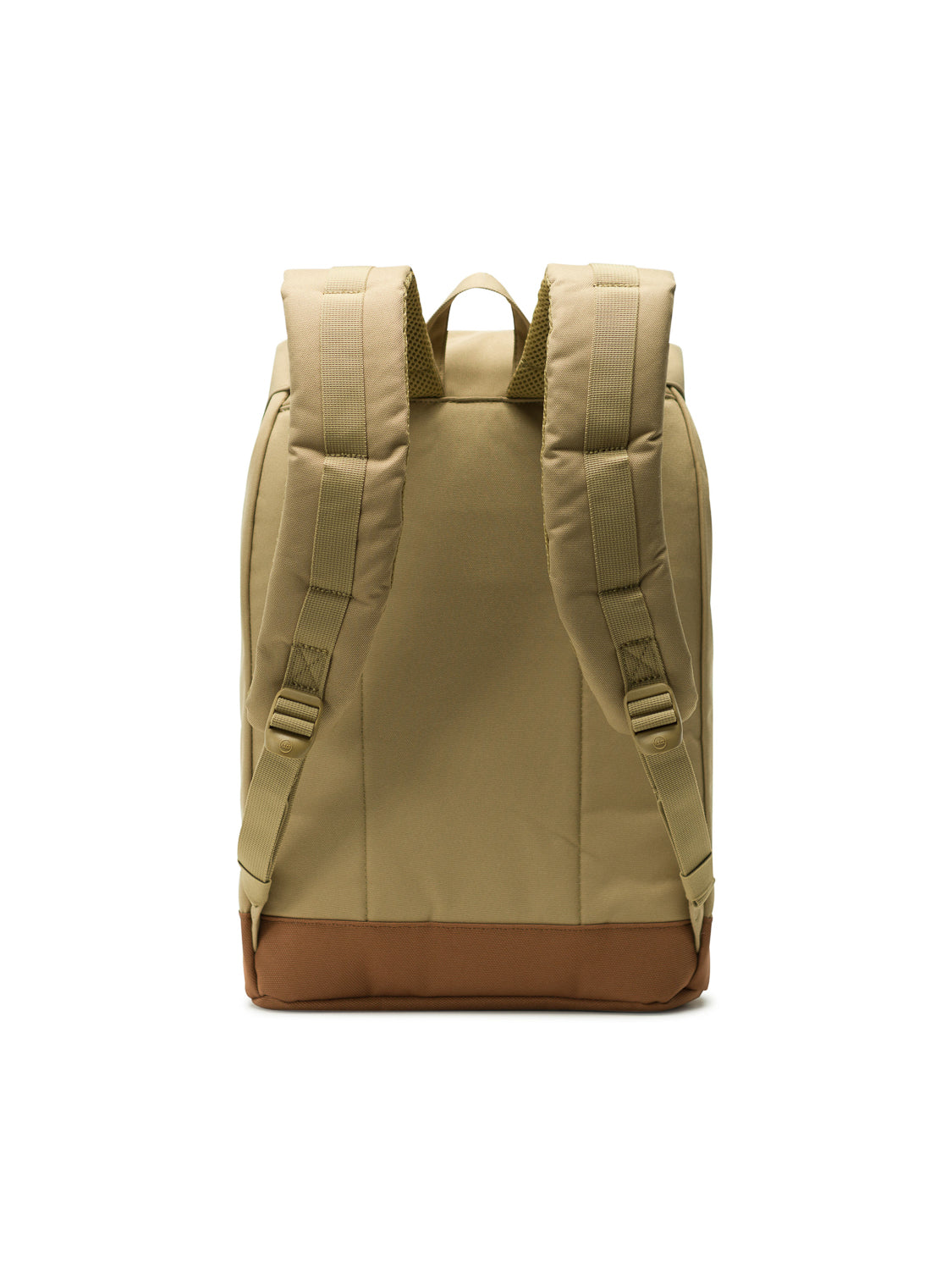 The Herschel Retreat Backpack in beige features padded shoulder straps and a brown base, displayed from the back on a white background.