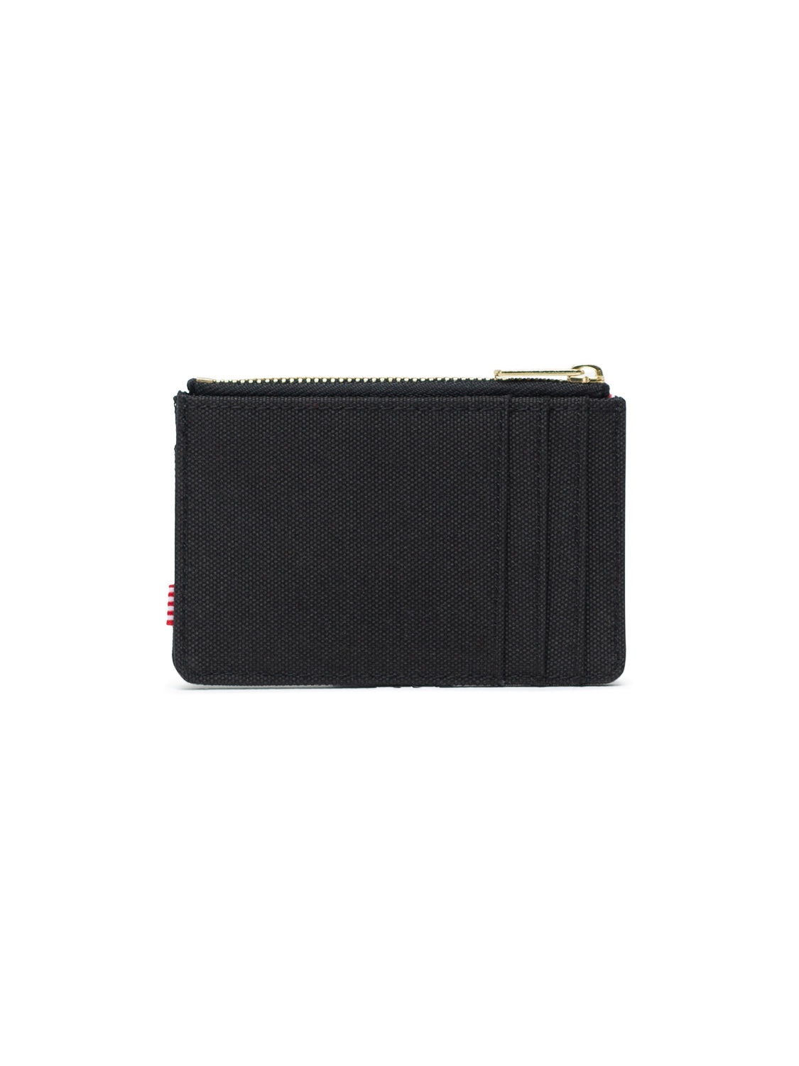 The Herschel Oscar Compact Wallet is a black fabric card holder with a top zipper and three right-side card slots, offering sleek storage. Shown here against a white background.