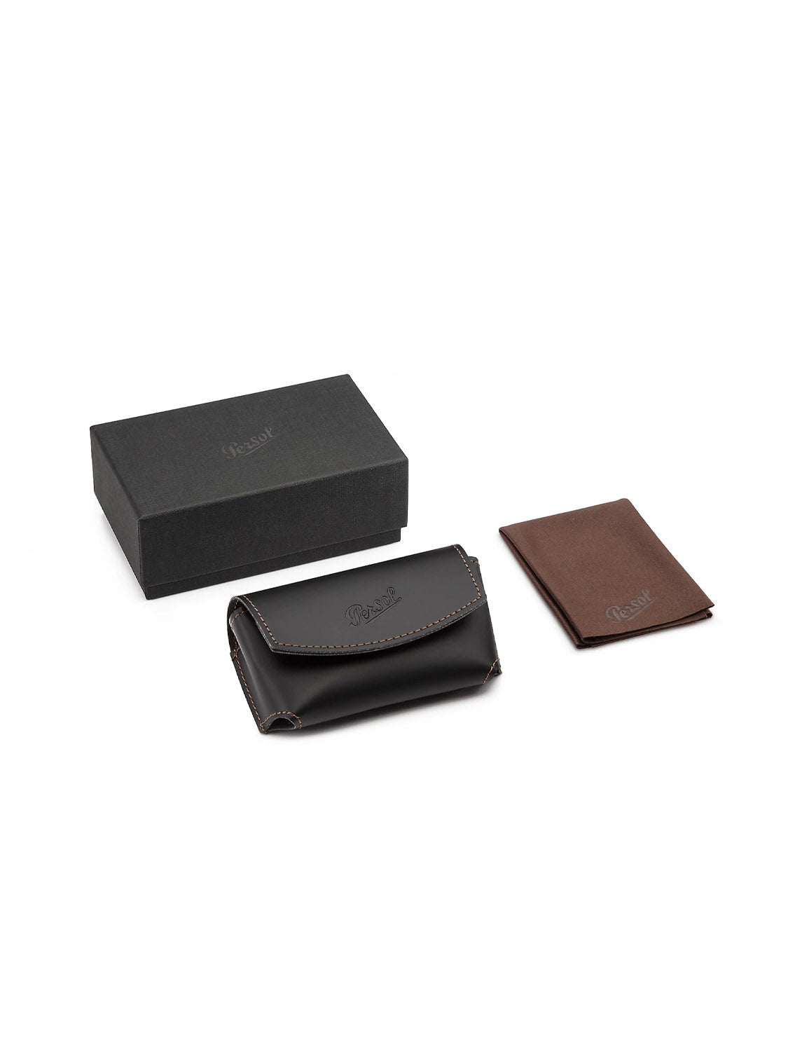 A black box, a Persol PO714 polarized sunglasses with an acetate frame, a black leather pouch, and a brown leather card holder are elegantly displayed on white. Each item flaunts a subtle embossed logo with intricate edge stitching on the pouch and holder.
