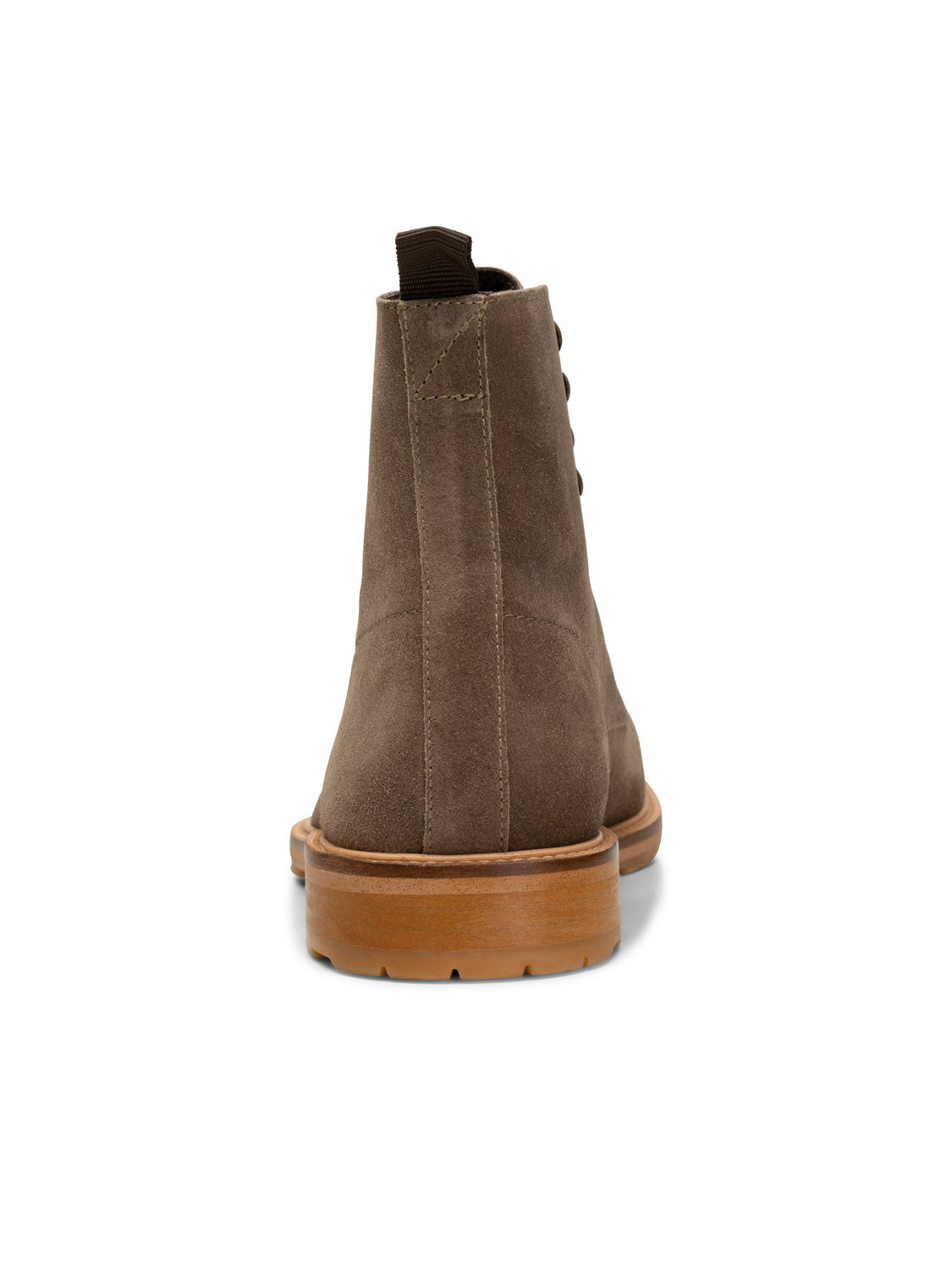 Rear view of a brown York Suede Lace Up Boot by Shoe The Bear, with a wooden sole. The minimalist design highlights quality craftsmanship through visible stitching and a pull tab at the heel. Certified by LWG.