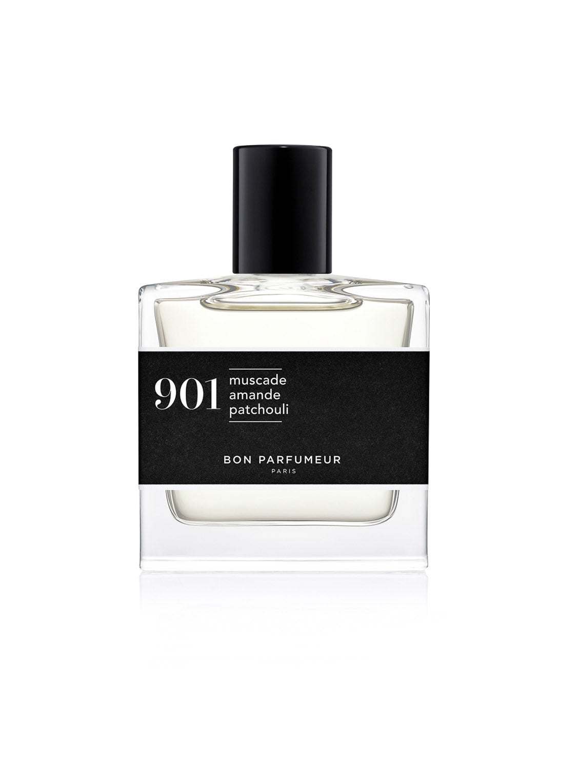 A clear glass bottle of Bon Parfumeur - 901 perfume by Bon Parfumeur, featuring a black label with “901 muscade amande patchouli” and a black cylindrical cap, set against a white background. This cruelty-free fragrance is made in France.