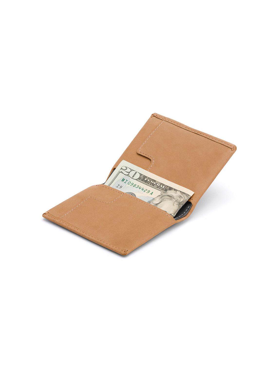 A Bellroy Slim Sleeve Wallet in brown leather is open against a white background, showing a folded $20 bill and a partially visible black card—an ideal, compact wallet for staying organized.
