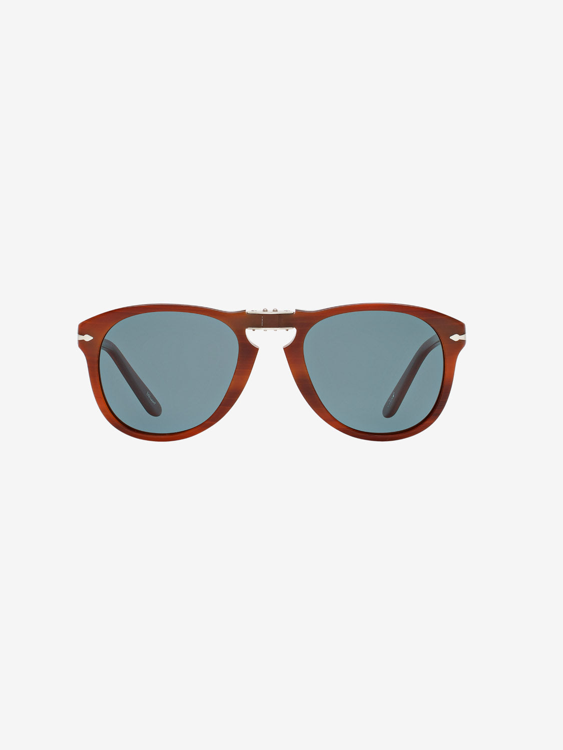 Persol PO714 sunglasses by Persol feature brown round acetate frames, dark blue lenses, and black arms, shown on a plain white background.