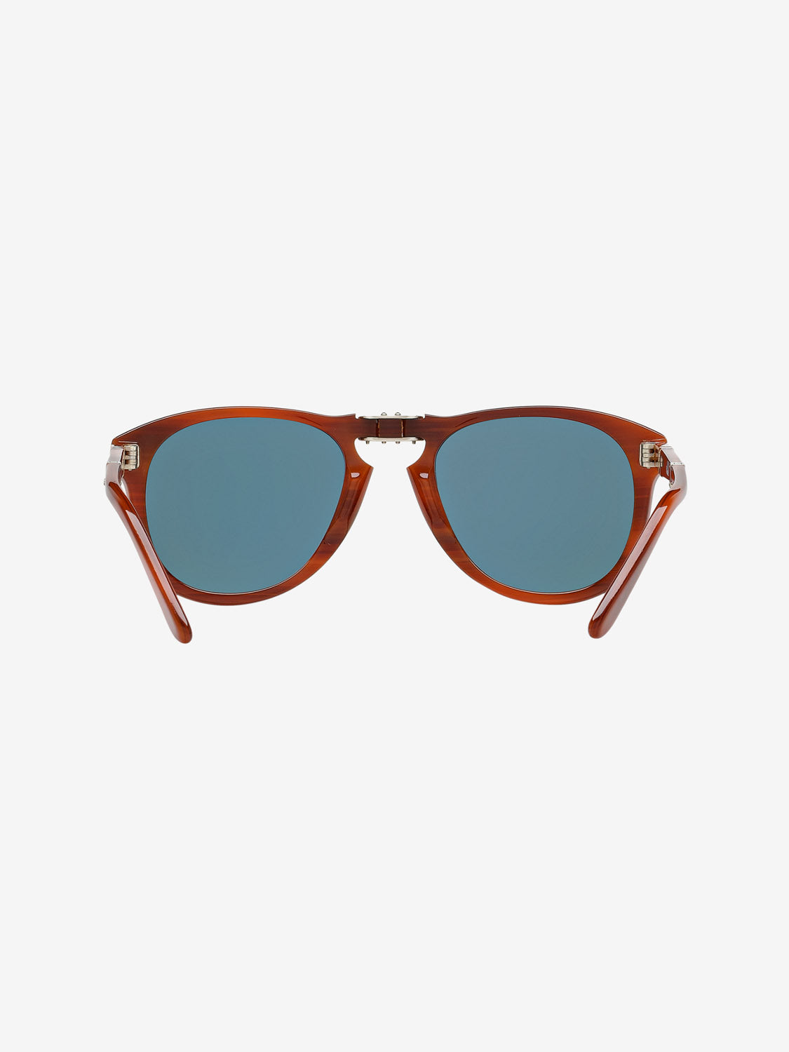 The Persol PO714 sunglasses, shown front-facing on a white background, feature brown acetate frames with blue-tinted lenses. Crafted in Italy, their classic rounded design and outward-curved arms offer a timeless Persol style.