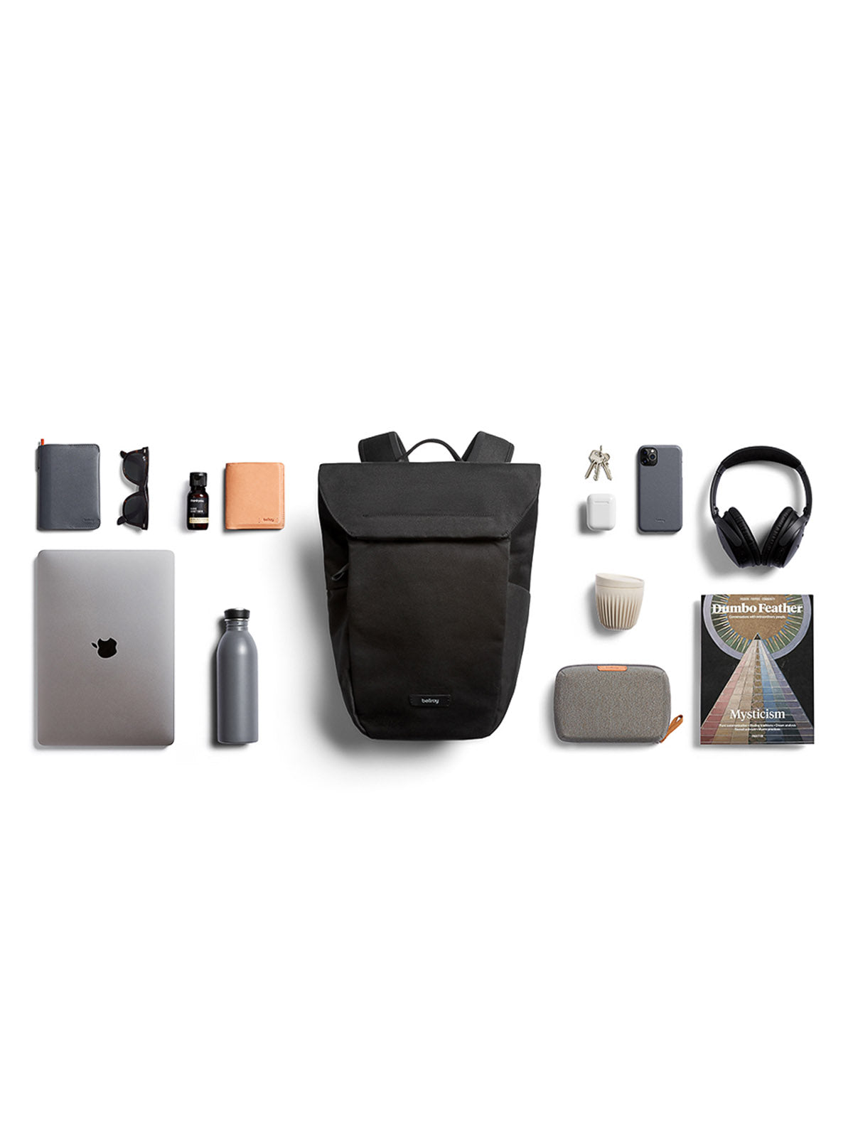 The Bellroy Melbourne Backpack Compact - 13L is displayed on a white background, neatly surrounded by a laptop, water bottle, wallet, sunglasses, keys, headphones, phone, book, notebook, small pouches, and earphones.