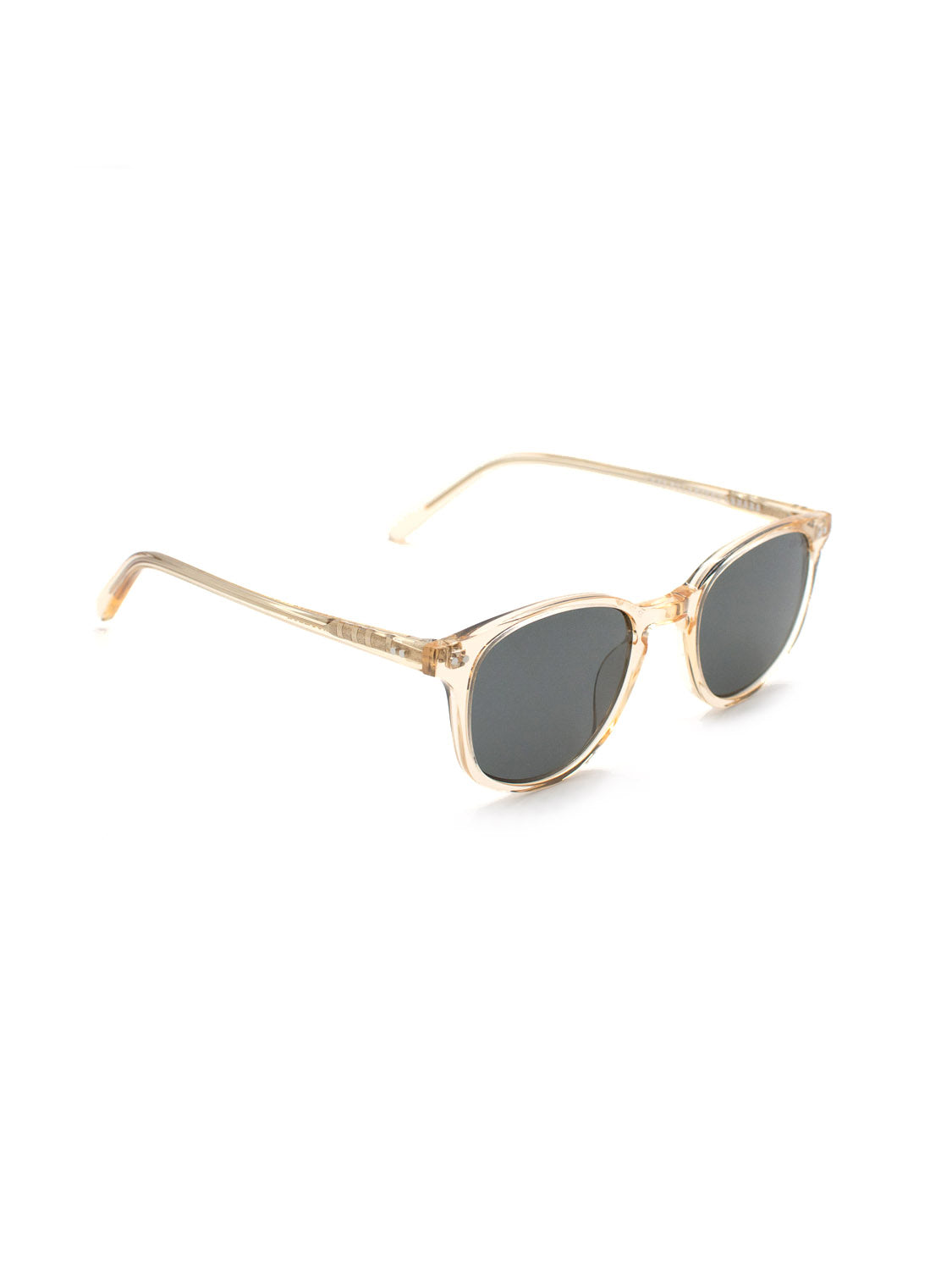 The A336C33G ID Polarized Sunglasses by ID Menswear feature round, dark CR39 polarized lenses and translucent light beige Mazzucchelli Acetate frames, shown against a white background.