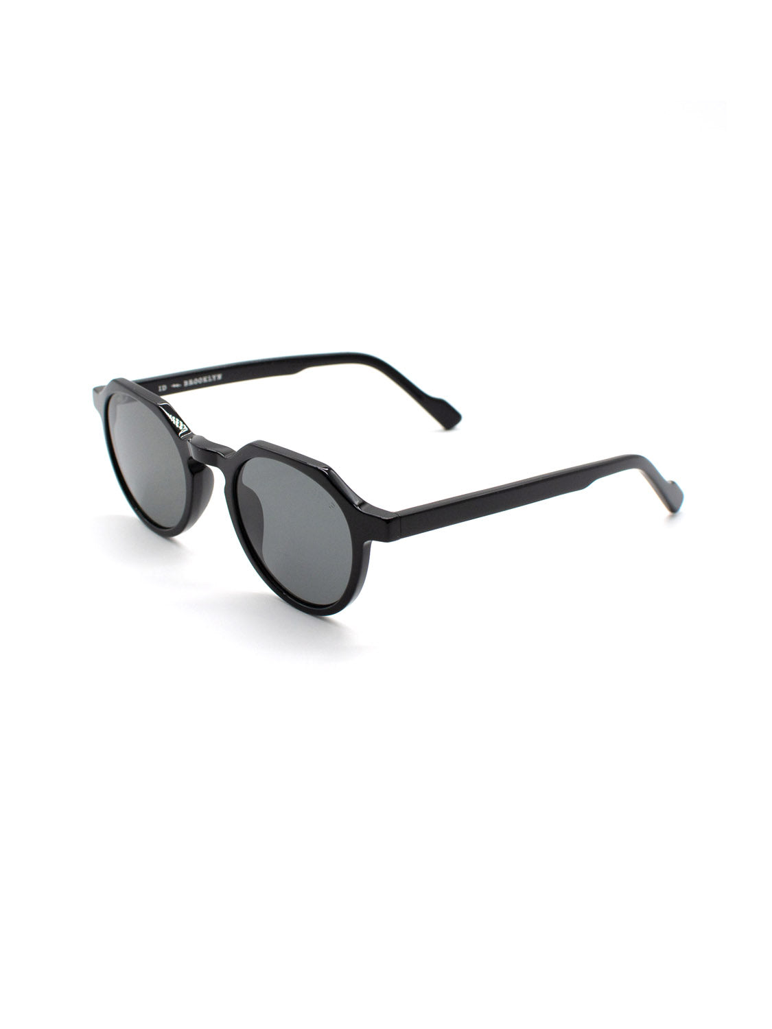 The A343C1G ID Polarized Sunglasses by ID Menswear feature black round Mazzucchelli Acetate frames and dark CR39 polarized lenses, displayed at a slight angle on a white background.