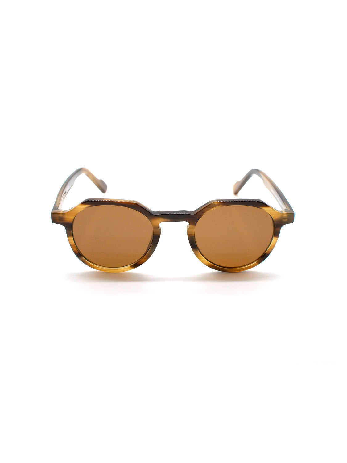 The A343C35B ID Polarized Sunglasses by ID Menswear feature brown oval Mazzucchelli Acetate frames, semi-transparent finish, brown tinted UV400 lenses, and are displayed front-facing on a white background.