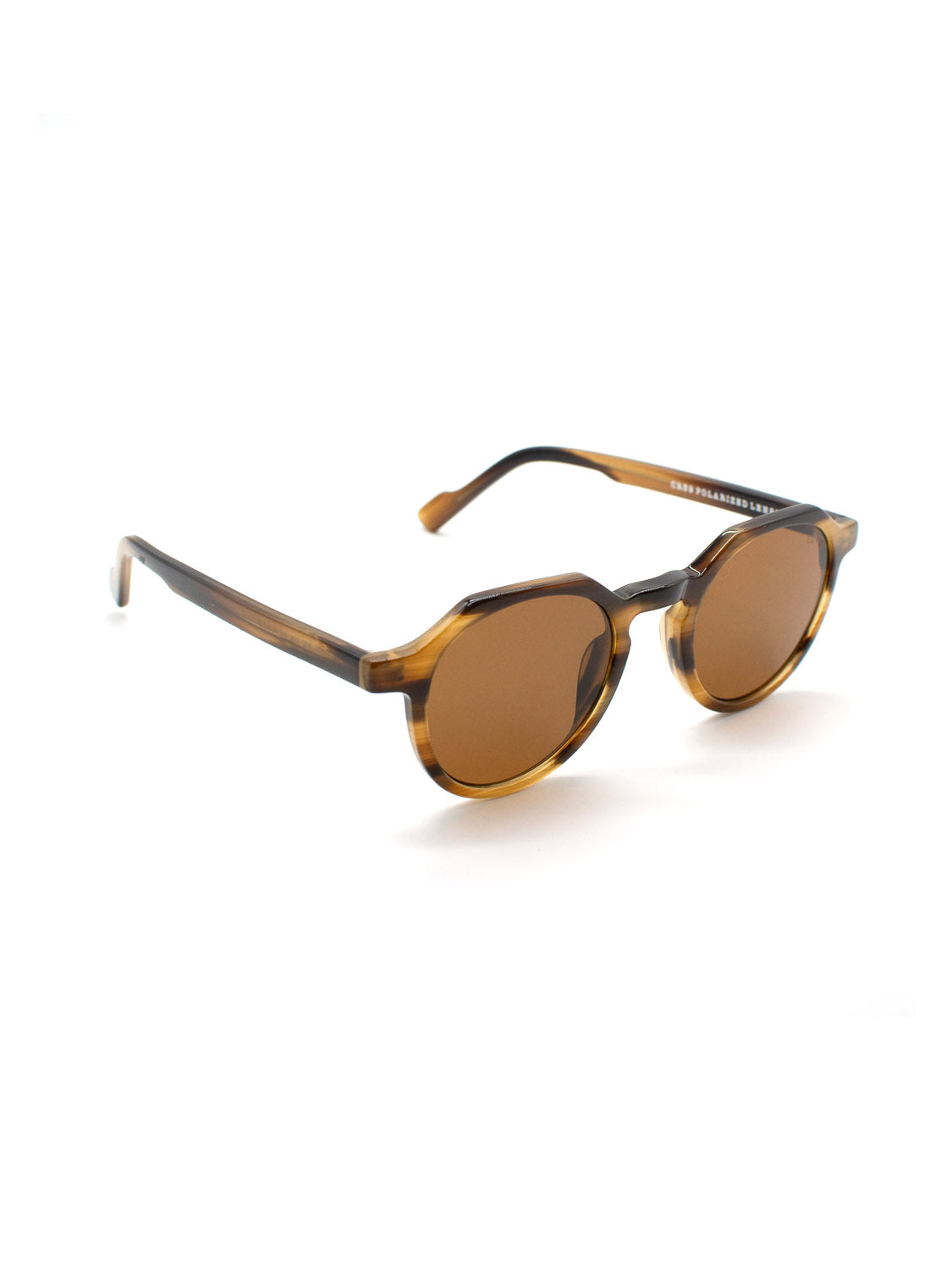 The A343C35B ID Polarized Sunglasses by ID Menswear feature brown round Mazzucchelli Acetate tortoiseshell frames and brown CR39 polarized lenses, displayed angled on a white background to show the front and left side.