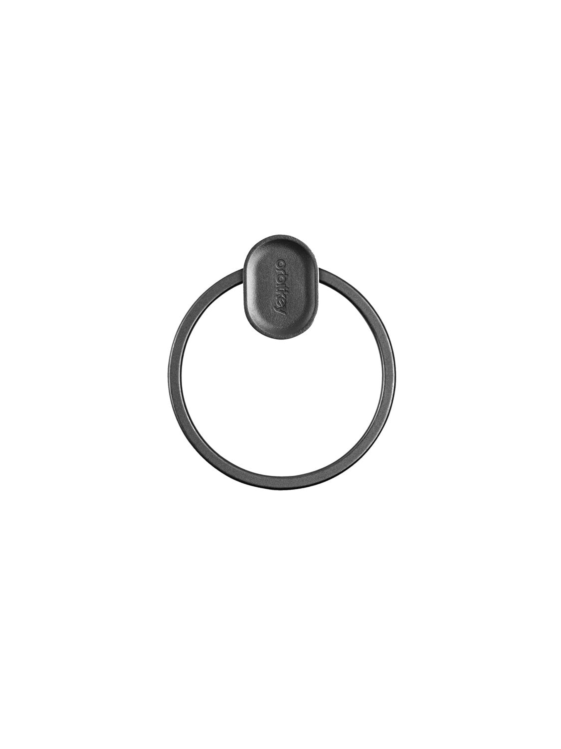 The Orbitkeys Key Ring V2 in black features a small, oval-shaped top base and durable stainless steel ring, positioned vertically on a plain white background. The word "Orbitkeys" is embossed on the base.