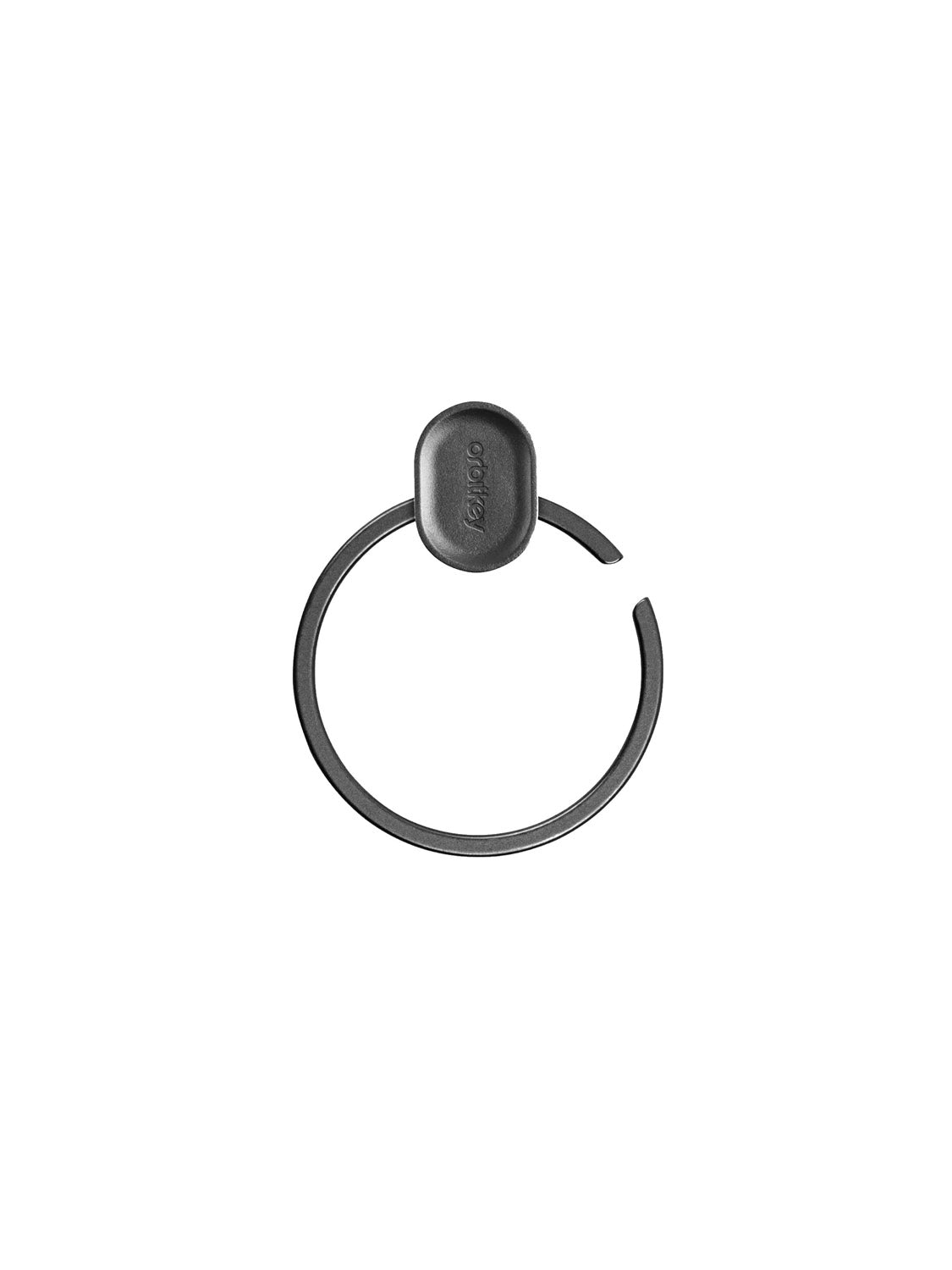 The Orbitkeys Key Ring V2 is a black metal key ring made from durable stainless steel, featuring a small oval attachment engraved with "Orbitkey" at the top. The ring is shown partially open on a plain white background.