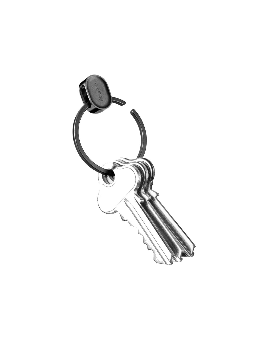 The Orbitkeys Key Ring V2, made from durable stainless steel, is shown with three silver keys attached against a plain white background.