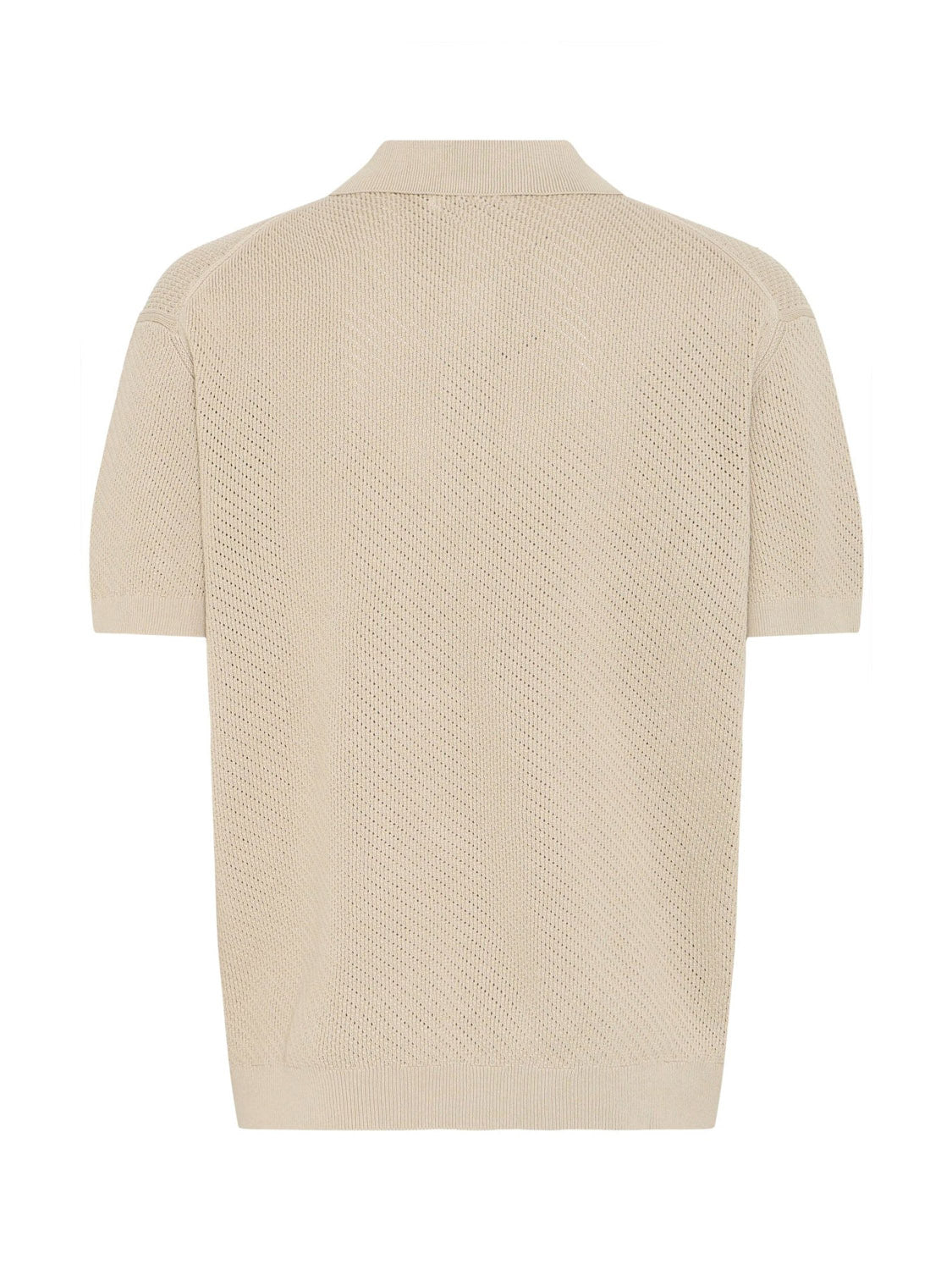 The Cfisaksson Polo Knit by Casual Friday is a beige short-sleeve polo shirt shown from the back, featuring a textured pattern and flat collar—perfect for Casual Fridays or any relaxed occasion.