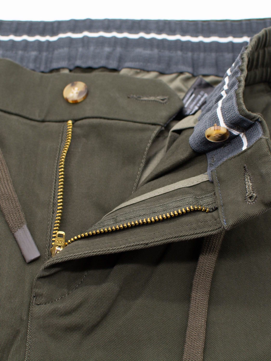 Close-up of Dyker Cotton Twill Drawstring Jogger by ID Menswear in olive green, with an open zipper and partially fastened button. The waistband has a gray and white stripe design, blending casual appeal with formal elements.